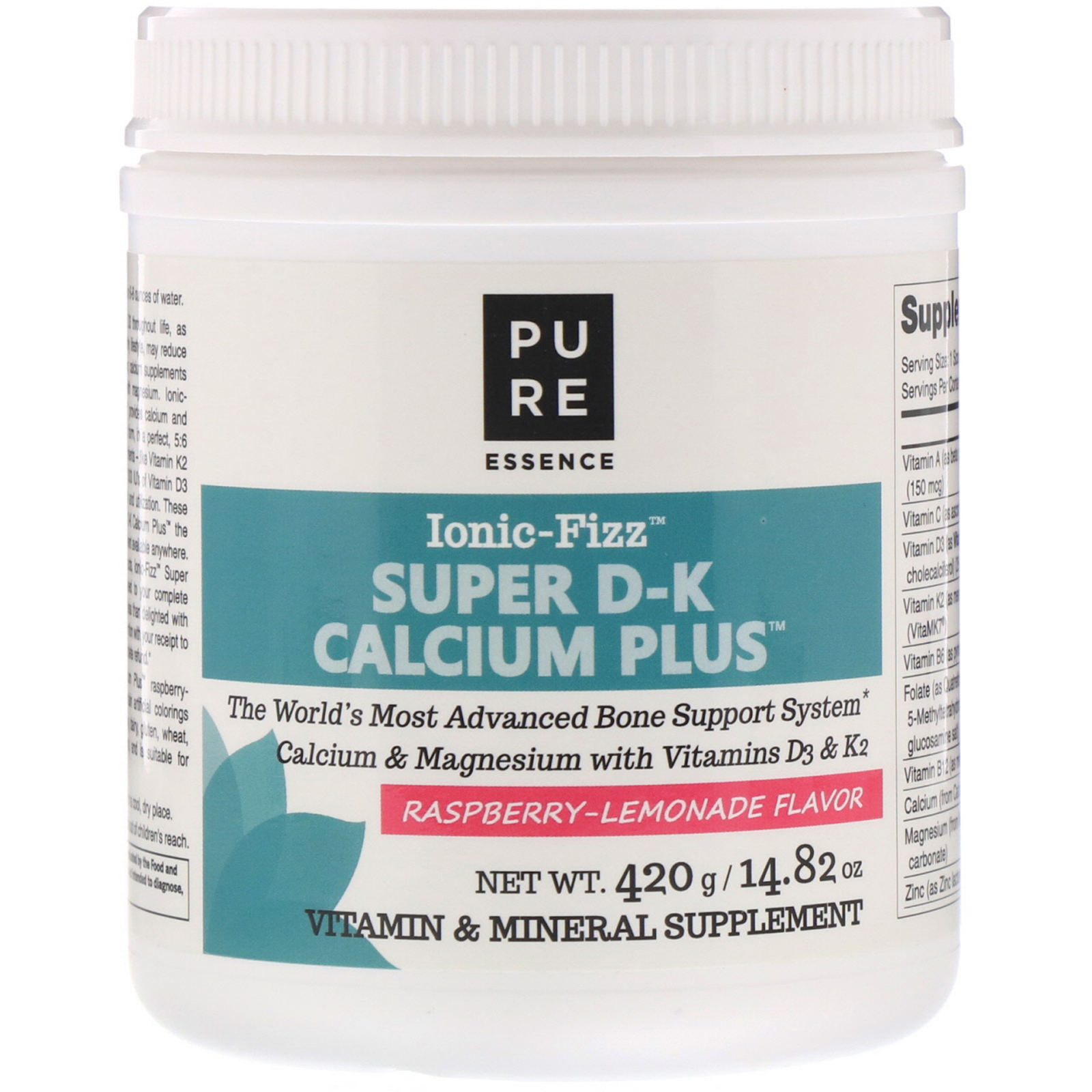 Pure Essence, Ionic-Fizz, Super Cálcio D-K Plus, limonada de framboesa, 14.82 oz (420 g)