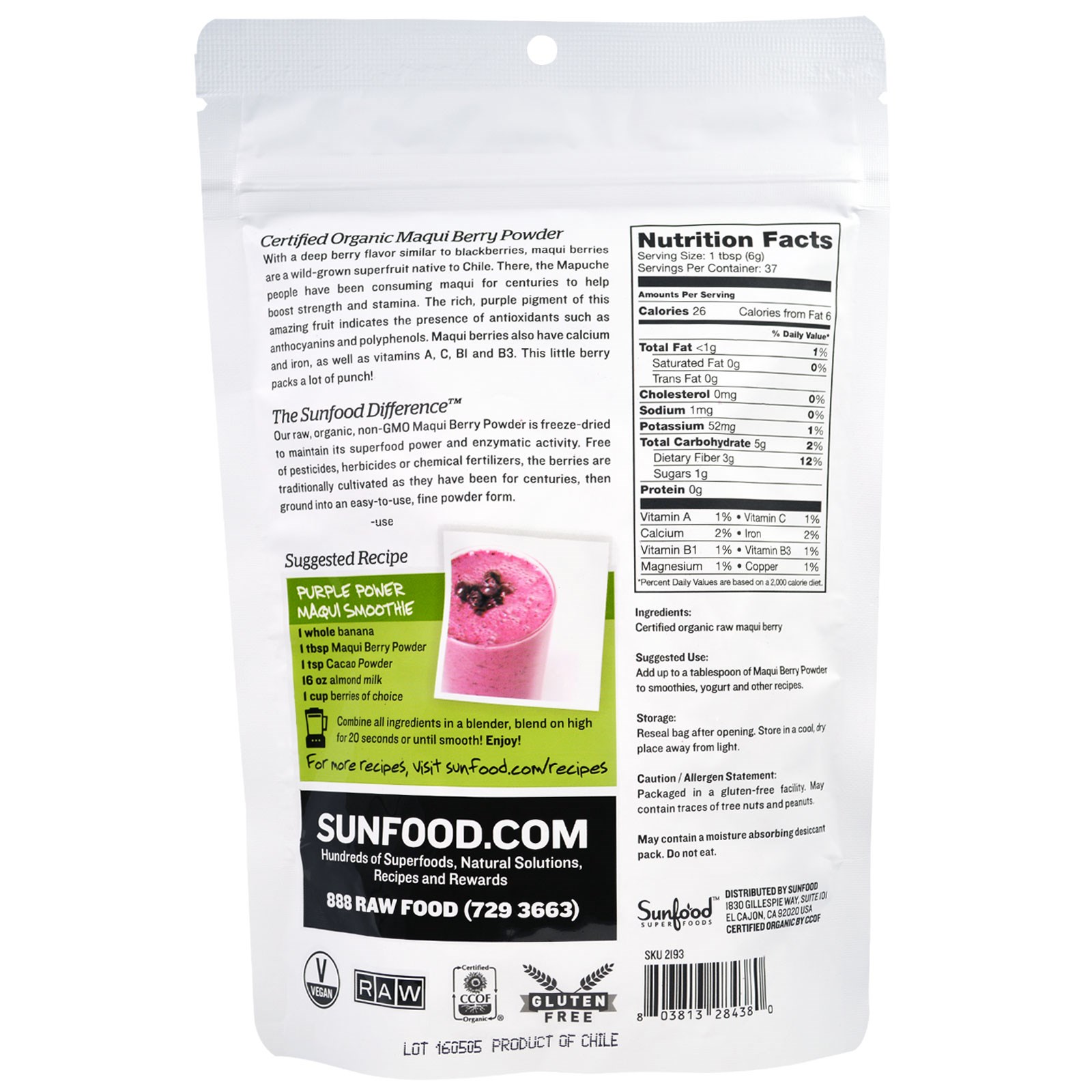 Sunfood, Superfoods, Raw Organic Maqui Berry Powder, 8 oz (227 g) - Imagem 2