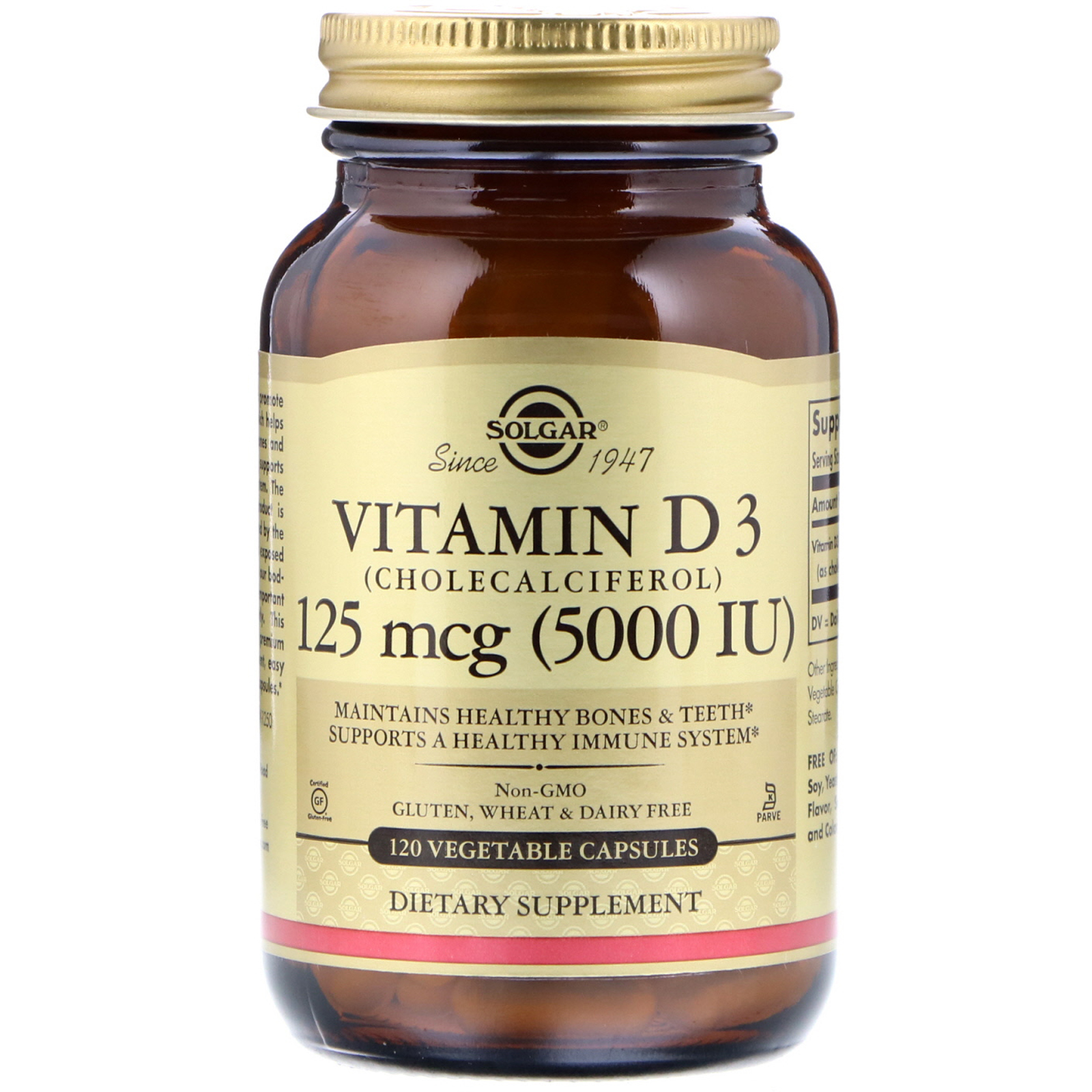 Solgar, Vitamina D3 (Colecalciferol), 125 mcg (5000 UI), 120 Cápsulas Vegetais