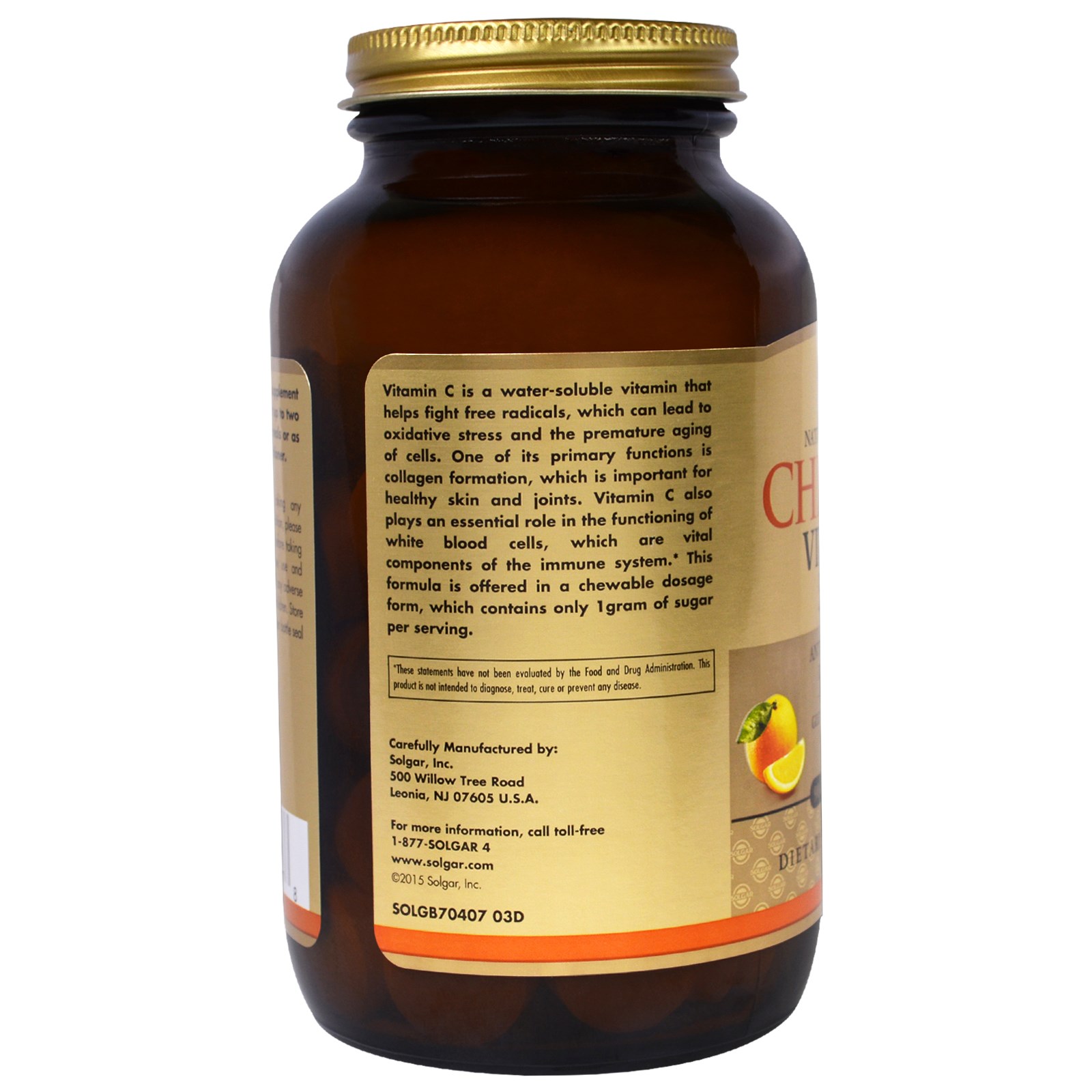 Solgar, Vitamina C Mastigável, Sabor Natural de Laranja, 500 mg, 90 Comprimidos Mastigáveis - Imagem 3