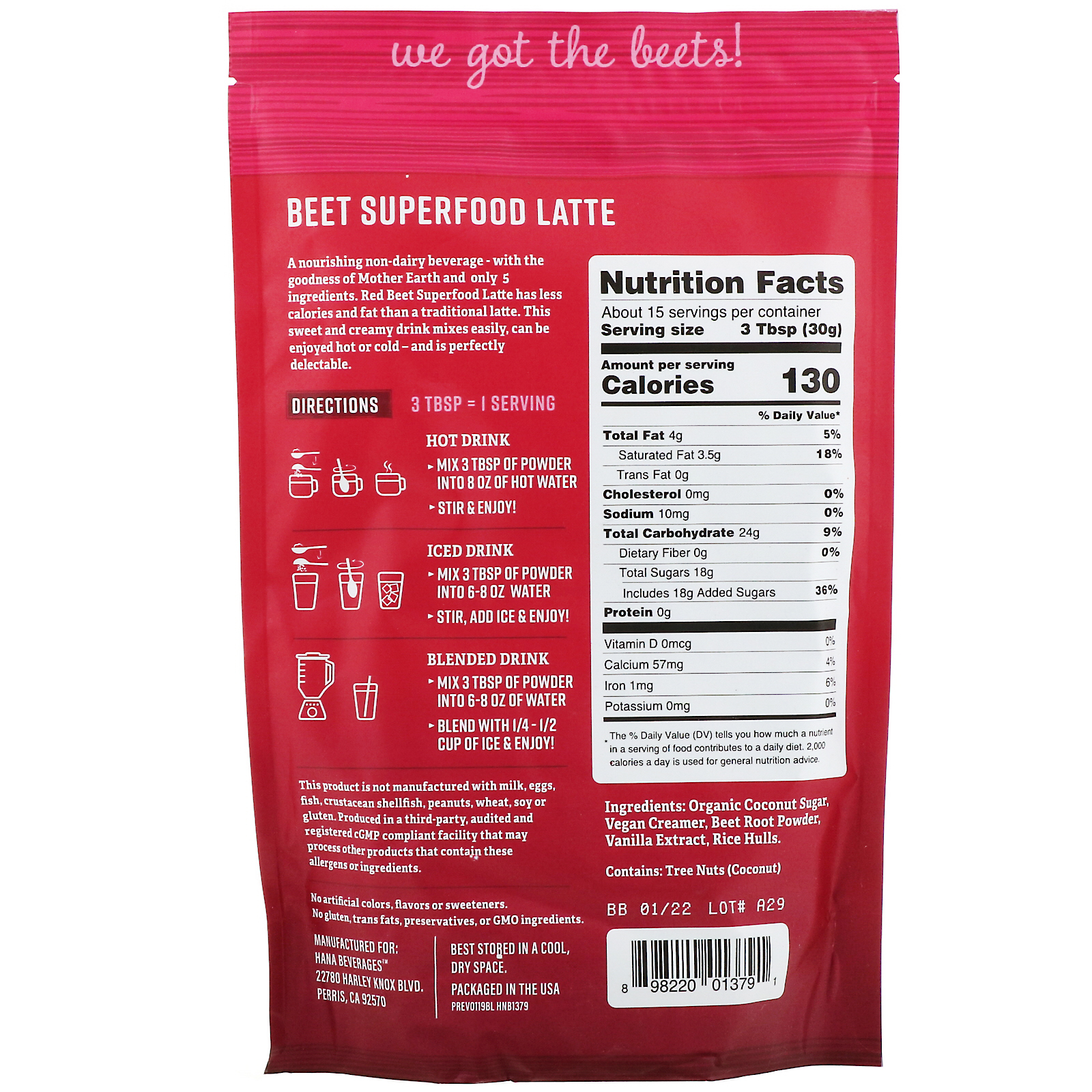 Hana Beverages, Latte de Beterraba, Bebida Superalimento Sem Café, 16 oz (454 g) - Imagem 2