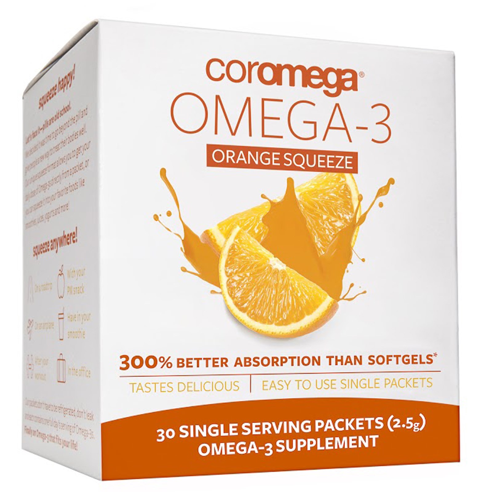 Coromega, Ômega 3, Sachês Sabor Laranja, 30 Sachês Individuais (2.5 g) cada