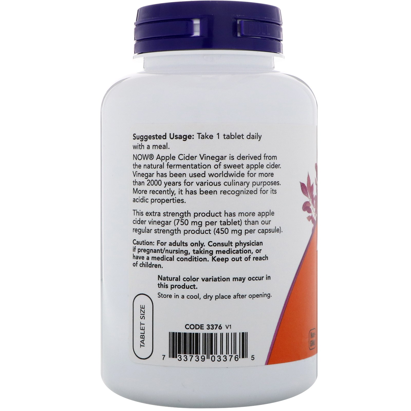 Now Foods, Vinagre de Maçã, Força Extra, 750 mg, 180 Comprimidos - Imagem 3