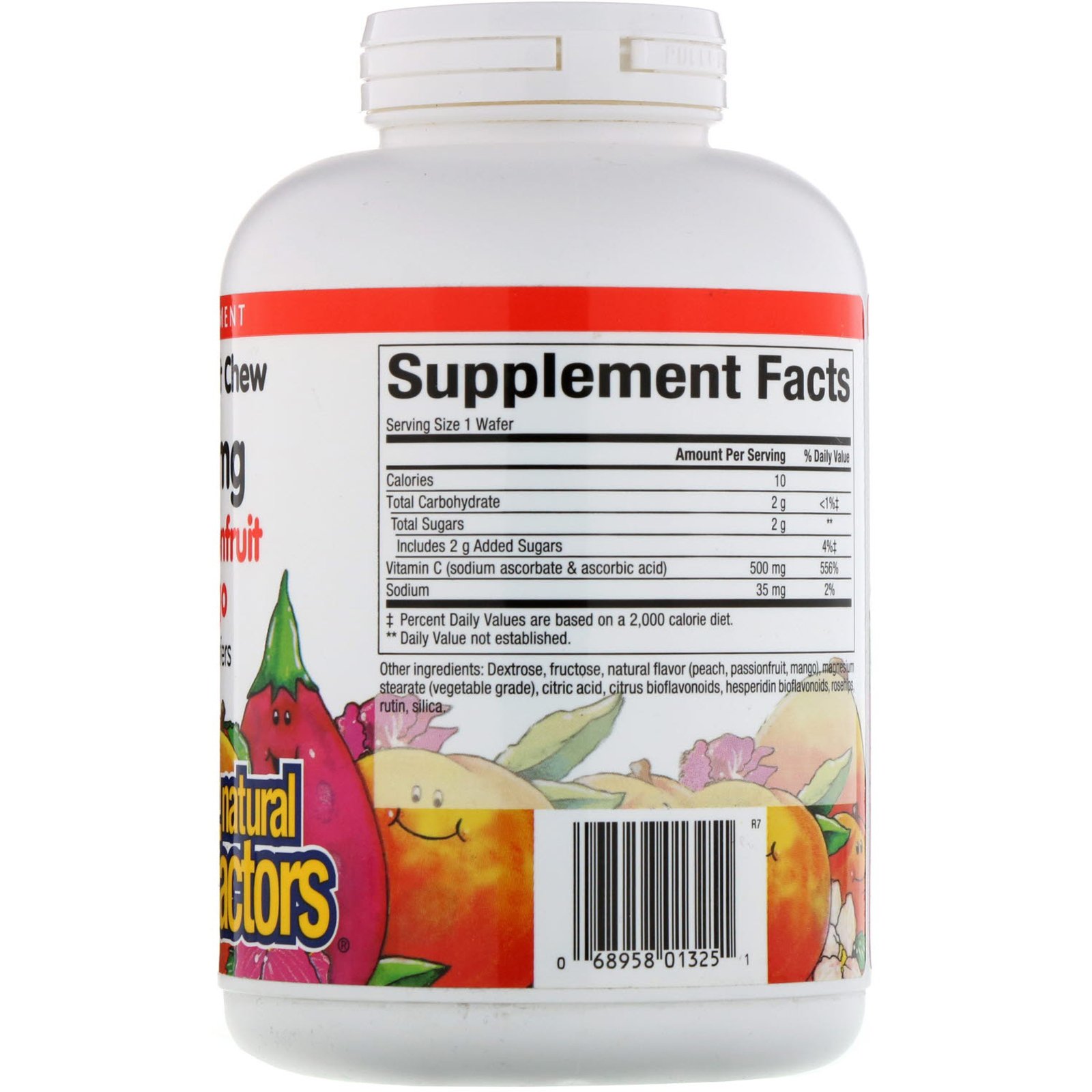 Natural Factors, 100% Natural Fruit Chew Vitamin C, Peach, Passionfruit and Mango, 500 mg, 180 Chewable Wafers - Imagem 2