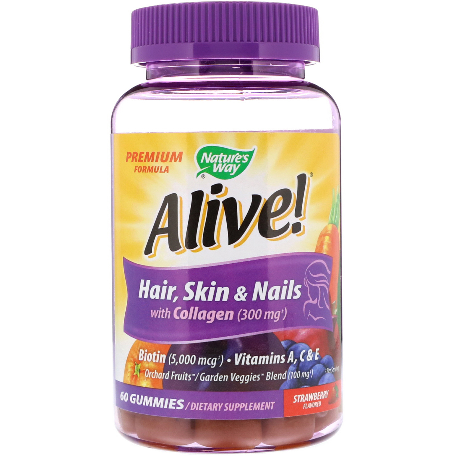 Nature's Way, Alive! Cabelos, Pele e Unhas com Colágeno, Sabor de Morango, 60 Balas de Goma