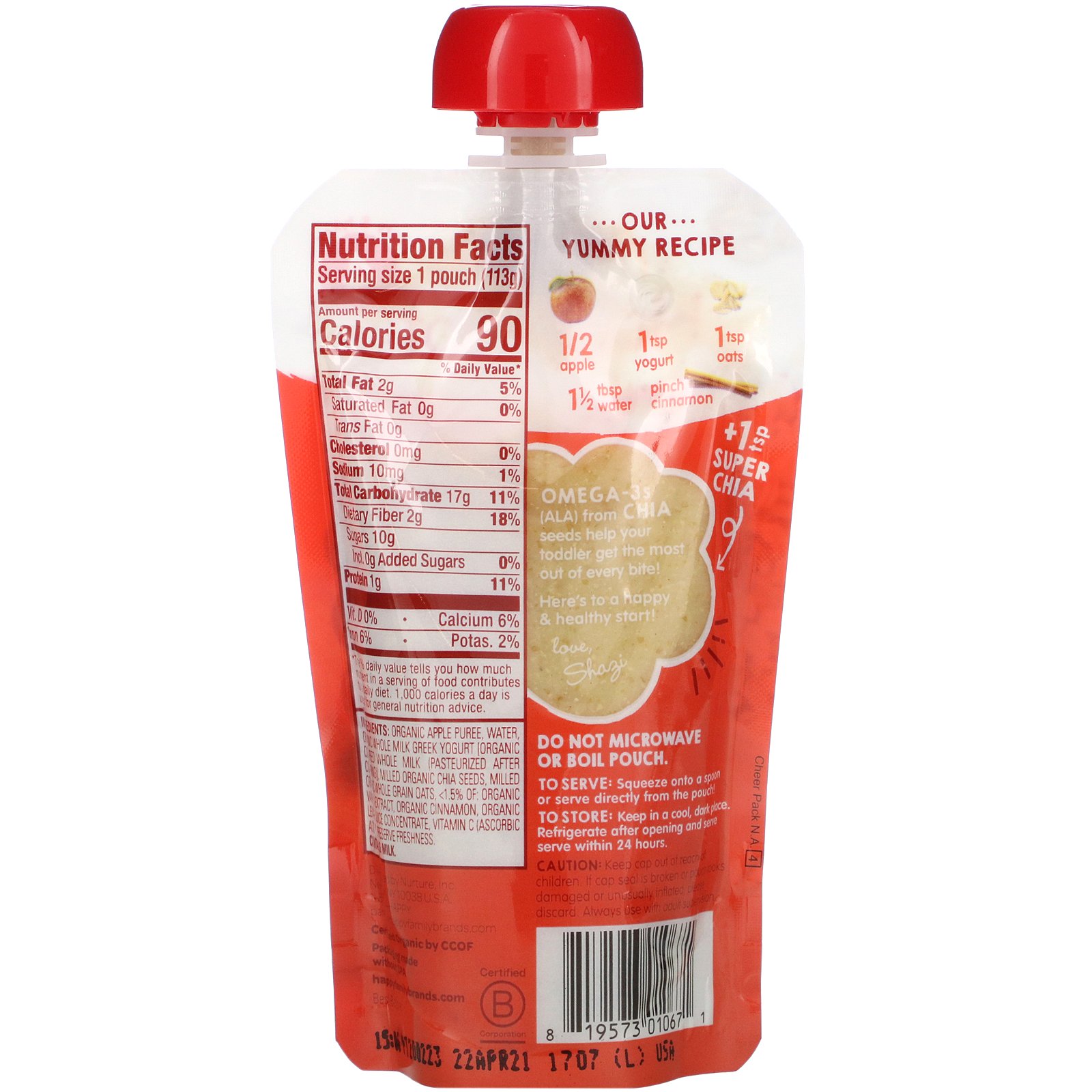 Happy Family Organics, Happytot, Super Morning, Stage 4, Organic Apples, Cinnamon, Yogurt & Oats + SuperChia, 4 oz (113 g) - Imagem 2