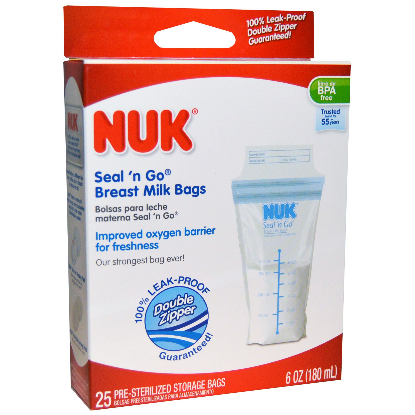 NUK, Sacos para Leite Materno Seal 'n Go, 25 Sacos de Armazenamento, 6 oz (180 ml) cada