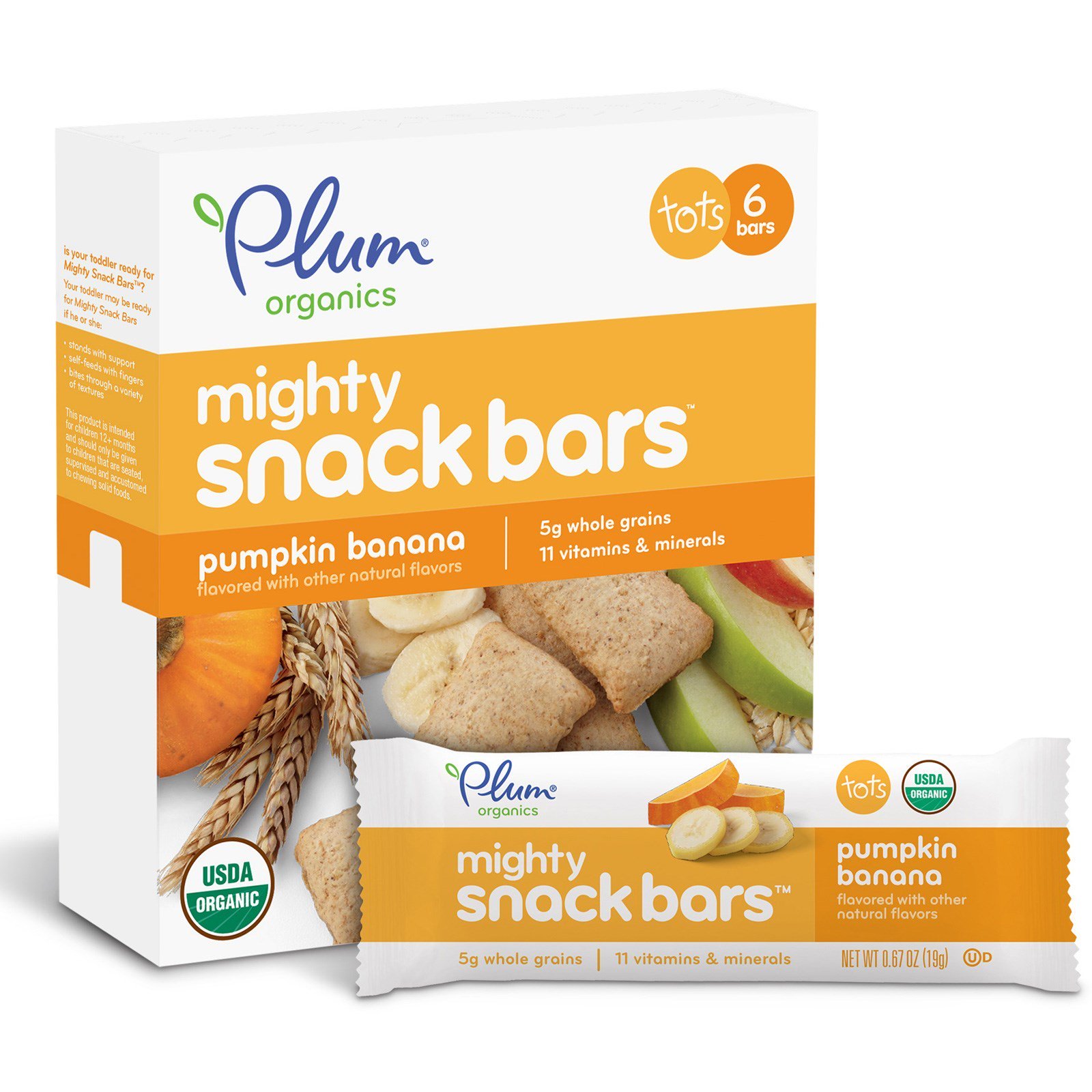 Plum Organics, Poderosos 4, Barra Nutritiva Essencial, Abóbora e Banana, 6 Barras, 0,67 oz (19 g) Cada