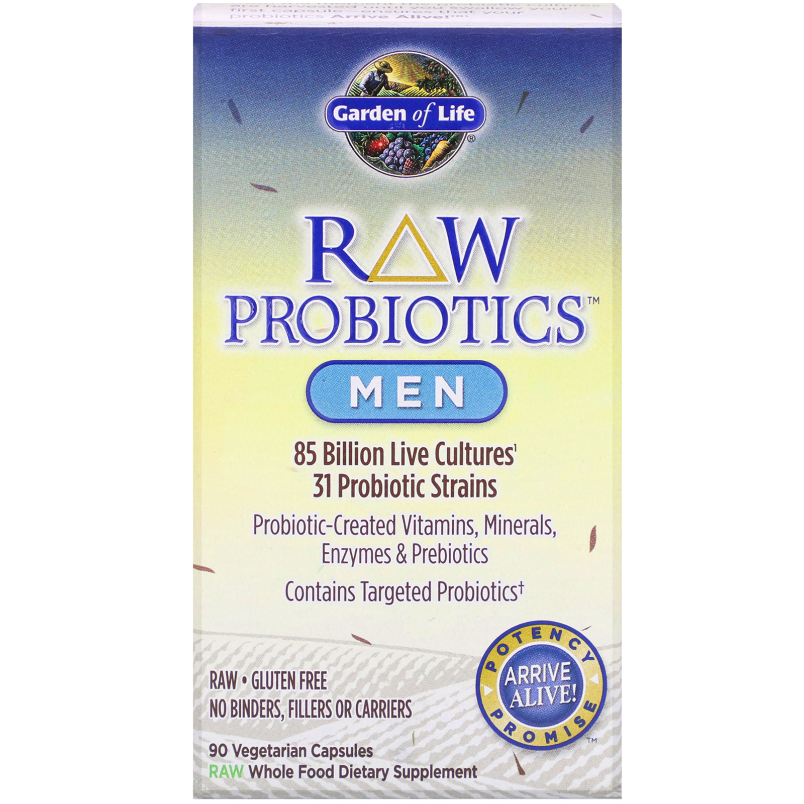 Garden of Life, RAW Probiotics, Men, 85 Bilhões de Culturas Vivas, 90 Cápsulas Vegetais