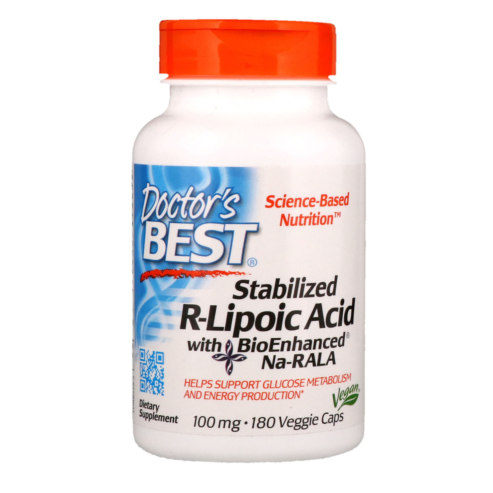 Doctor's Best, Ácido R-lipoico estabilizado com Na-RALA Bioenriquecido, 100 mg, 180 cápsulas vegetais
