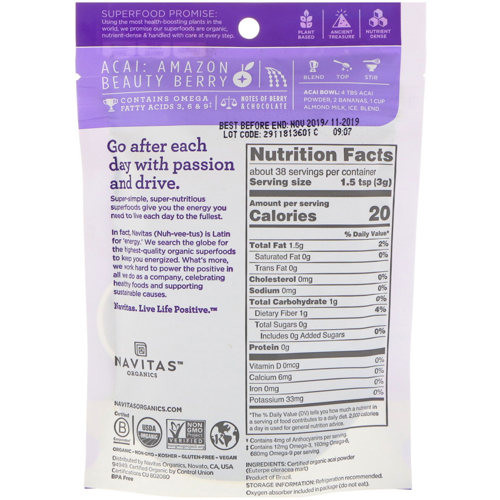 Navitas Organics, Organics Acai Powder, 4 oz (113 g) - Imagem 2