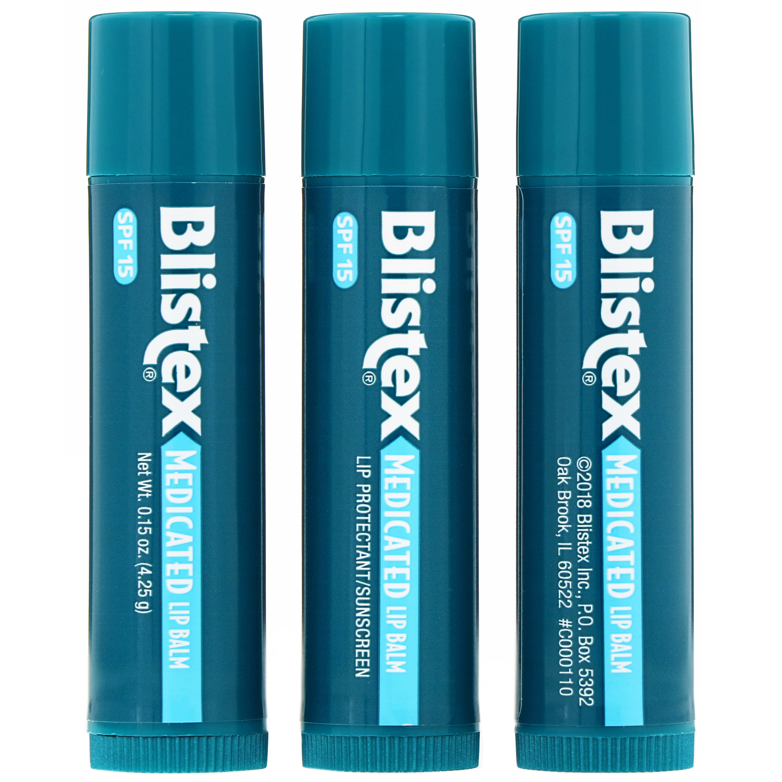 Blistex, Bálsamo Labial Medicamentoso, Protetor Labial/Protetor Solar, FPS 15, Embalagem com 3 Bálsamos, 4,25 g (0,15 oz) Cada