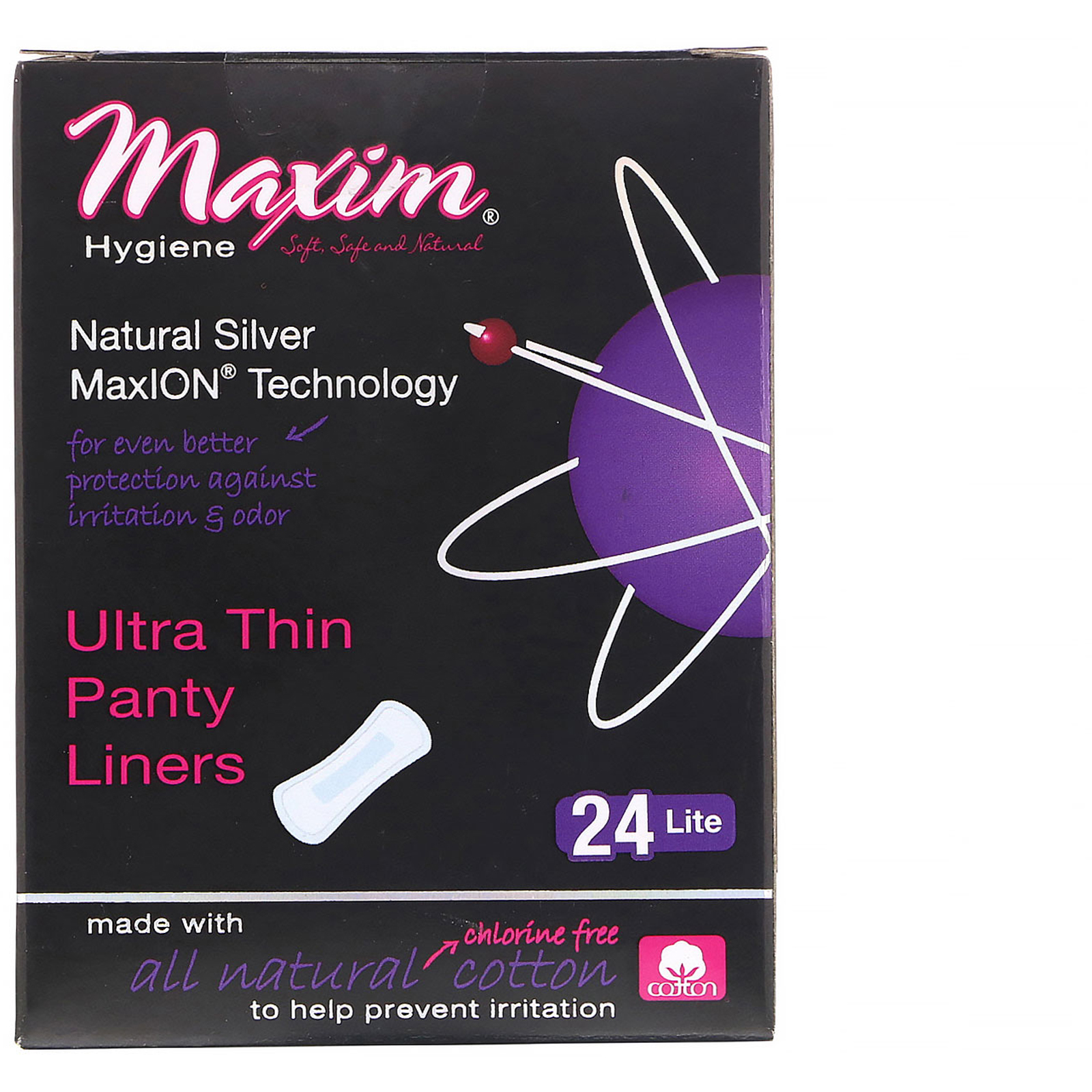Maxim Hygiene Products, Absorventes ultrafinos com abas, tecnologia natural Silver MaxION, leve, 24 absorventes externos