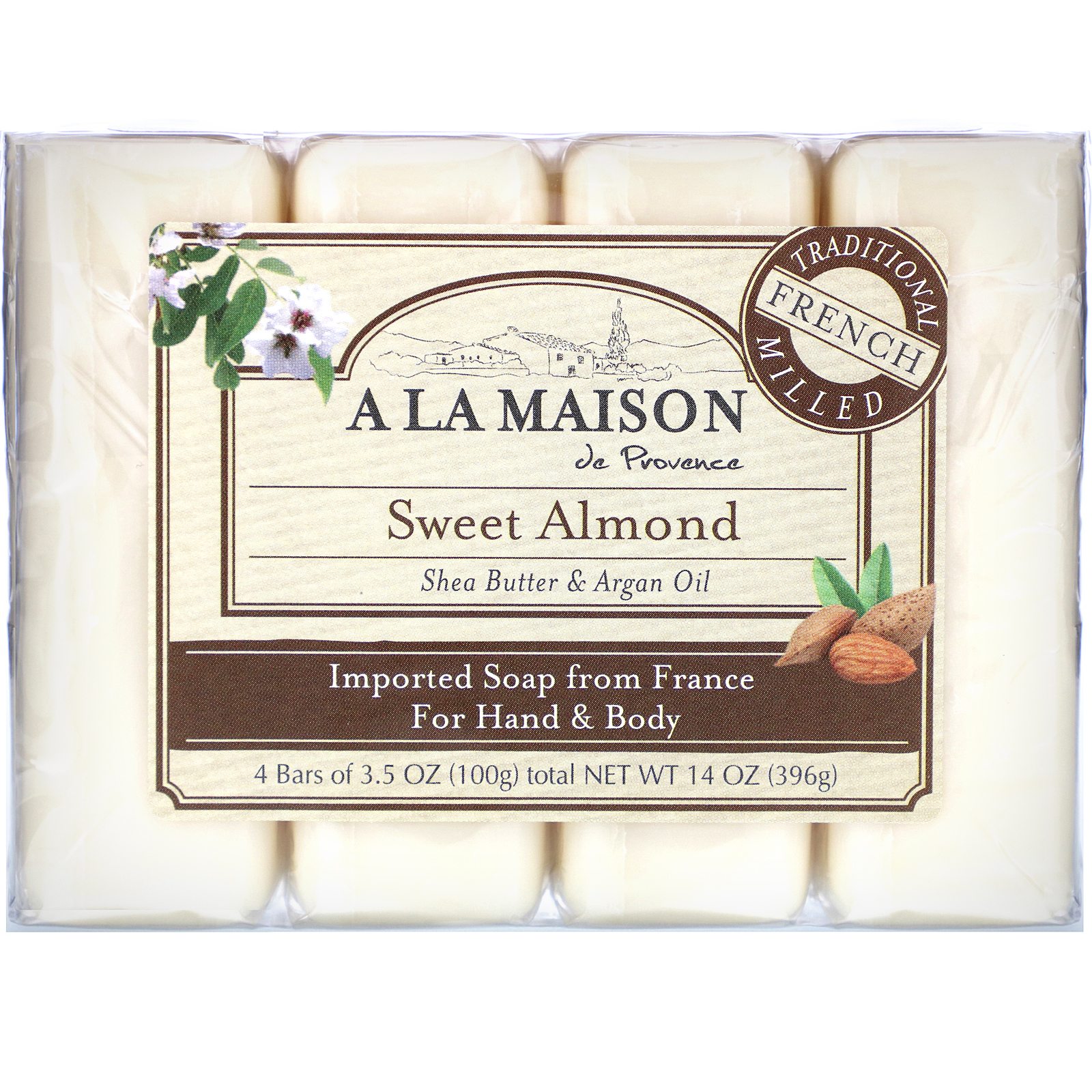 A La Maison de Provence, Sabonete em Barra para Mãos e Corpo, Amêndoa doce, 4 Barras, 3.5 oz cada