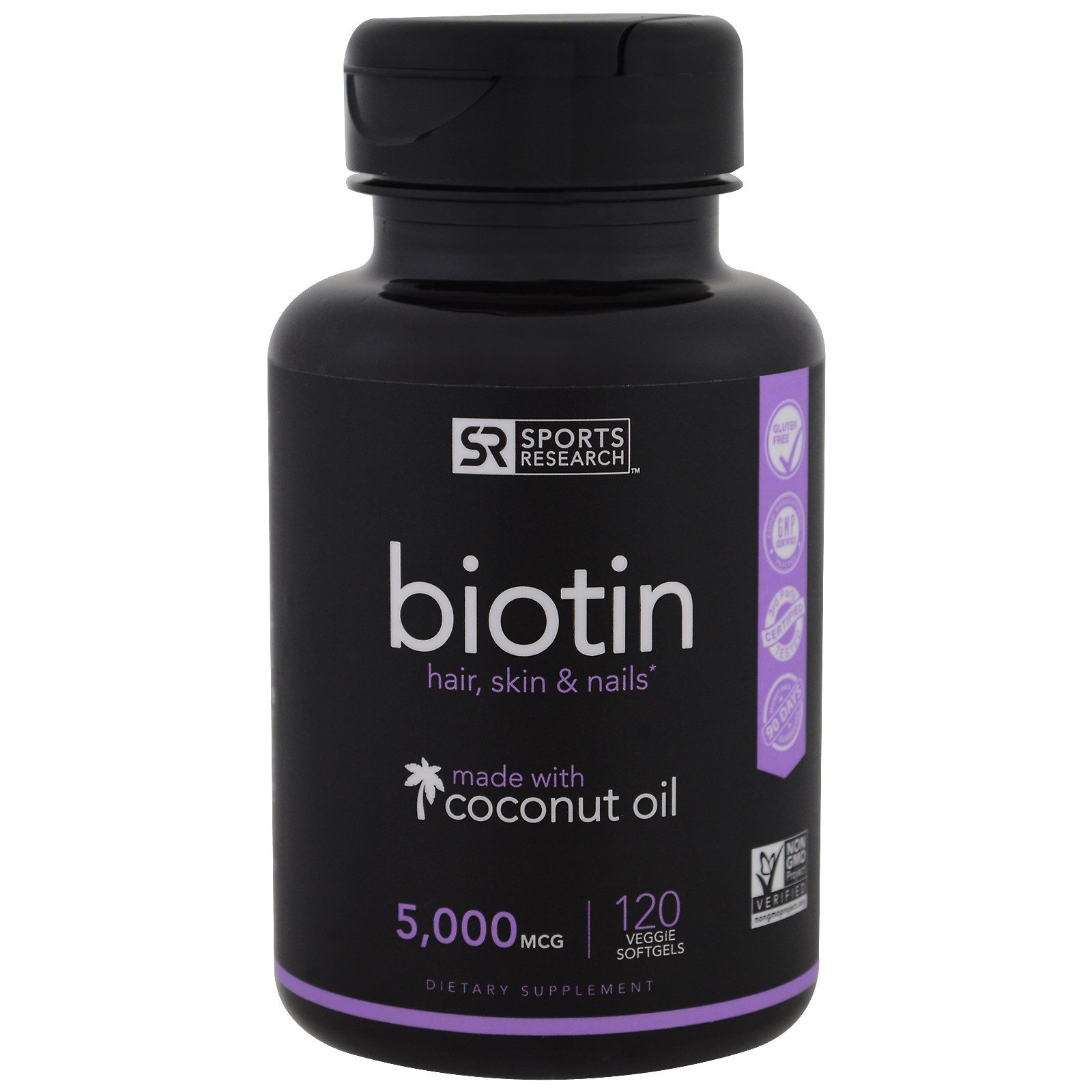Sports Research, Biotina com Óleo de Coco, 5.000 mcg, 120 Cápsulas Softgel Vegetais