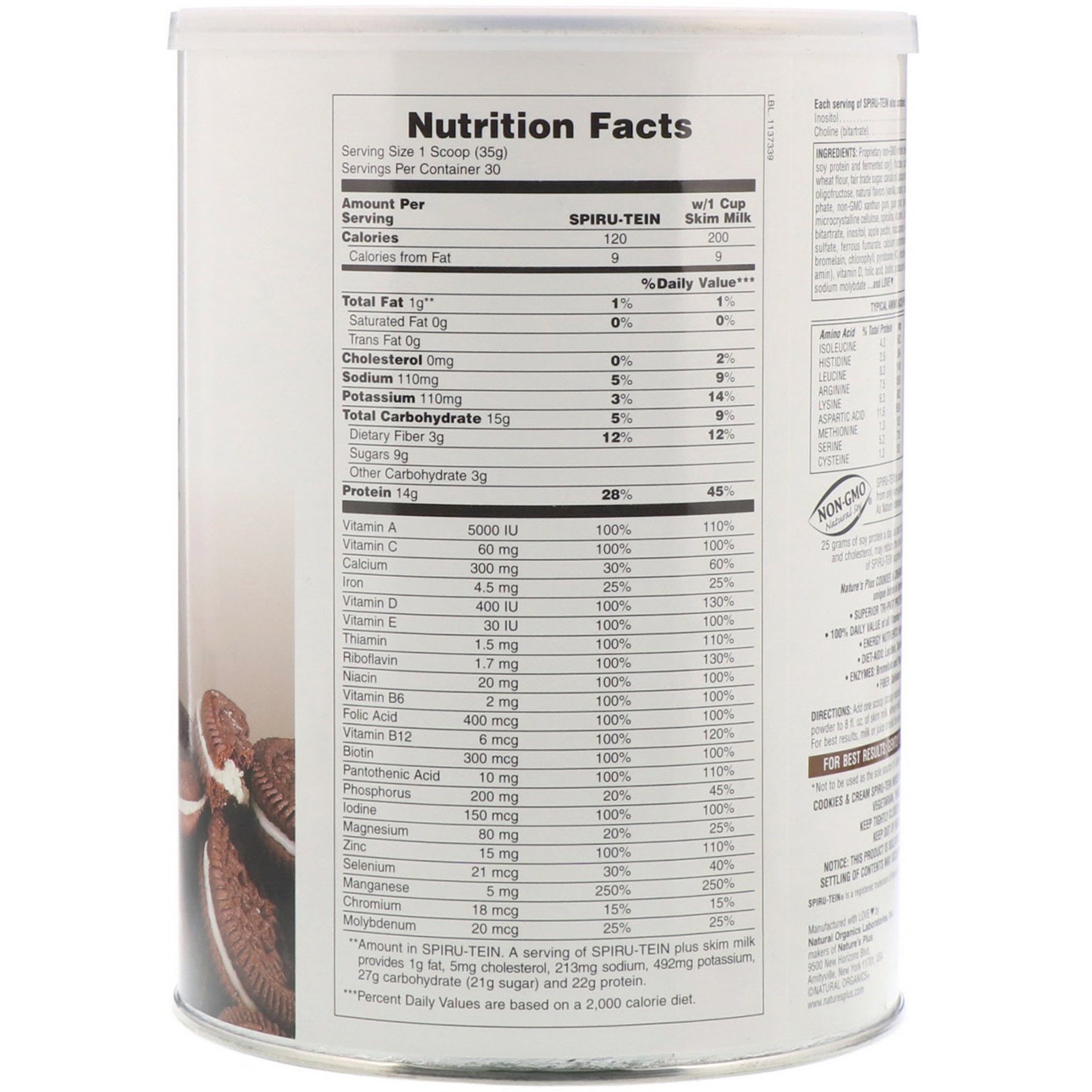 Nature's Plus, Spiru-Tein, Alimento Energético Altamente Proteico, Cookies e Creme, 2,3 lbs (1050 g) - Imagem 2