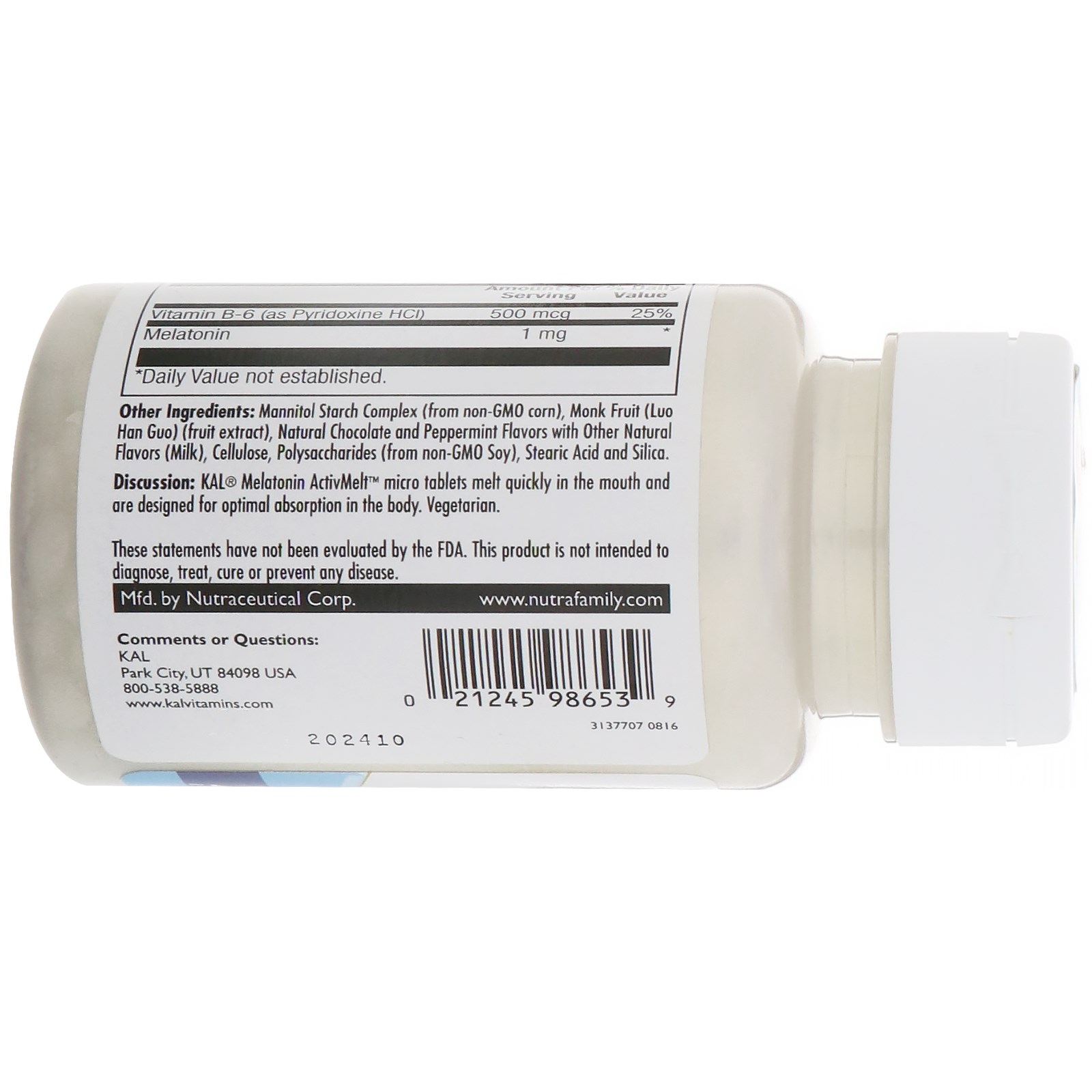 KAL, Melatonina, Sabor Natural de Chocolate e Menta, 1 mg, 120 micro comprimidos - Imagem 3