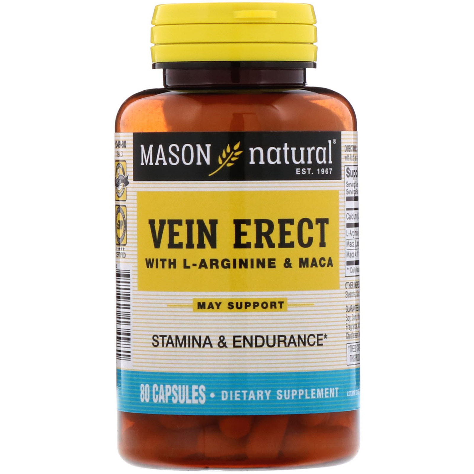 Mason Natural, Vein Erect com L-Arginina e Maca, 80 Cápsulas