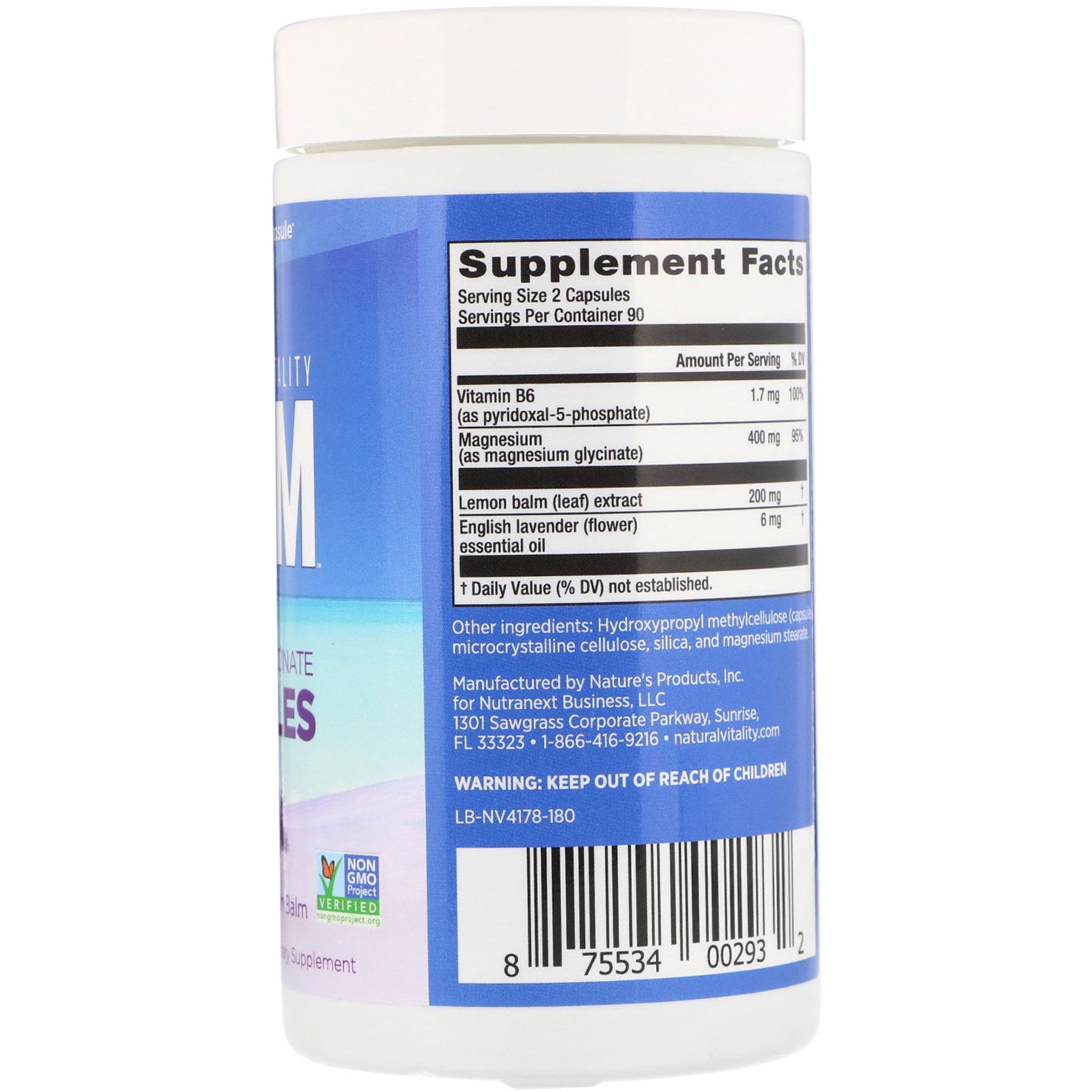 Natural Vitality, Calm, Magnesium Glycinate Capsules, 180 Vegetarian Capsules - Imagem 2