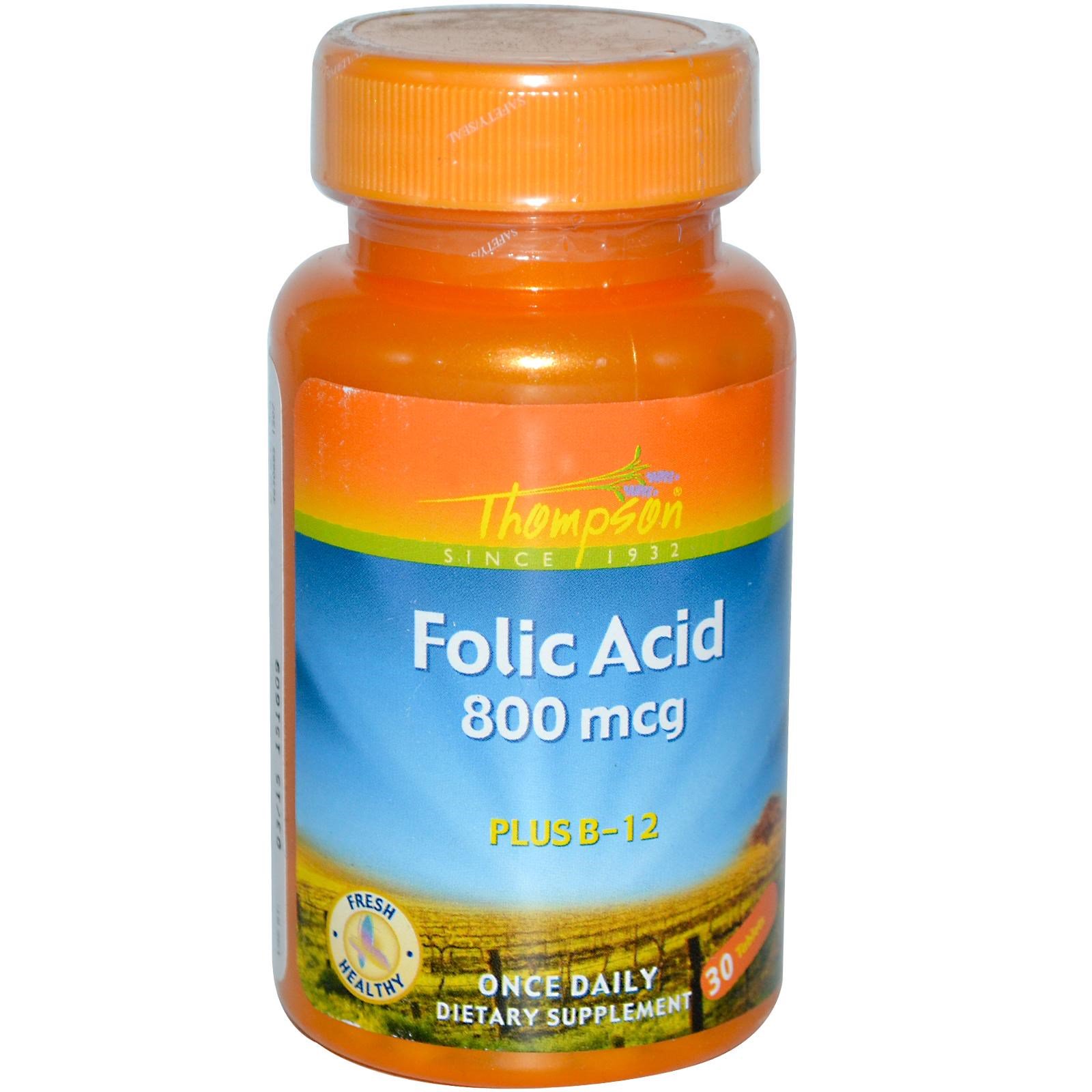 Thompson, Ácido Fólico, Plus B-12, 800 mcg, 30 Comprimidos