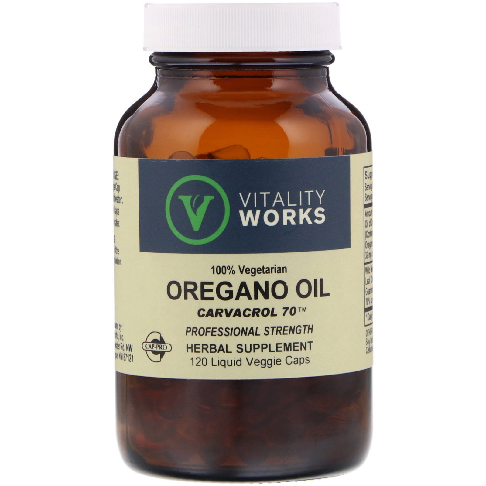 Vitality Works, Óleo de Orégano, Carvacrol 70, 120 Cápsulas Vegetais Líquidas