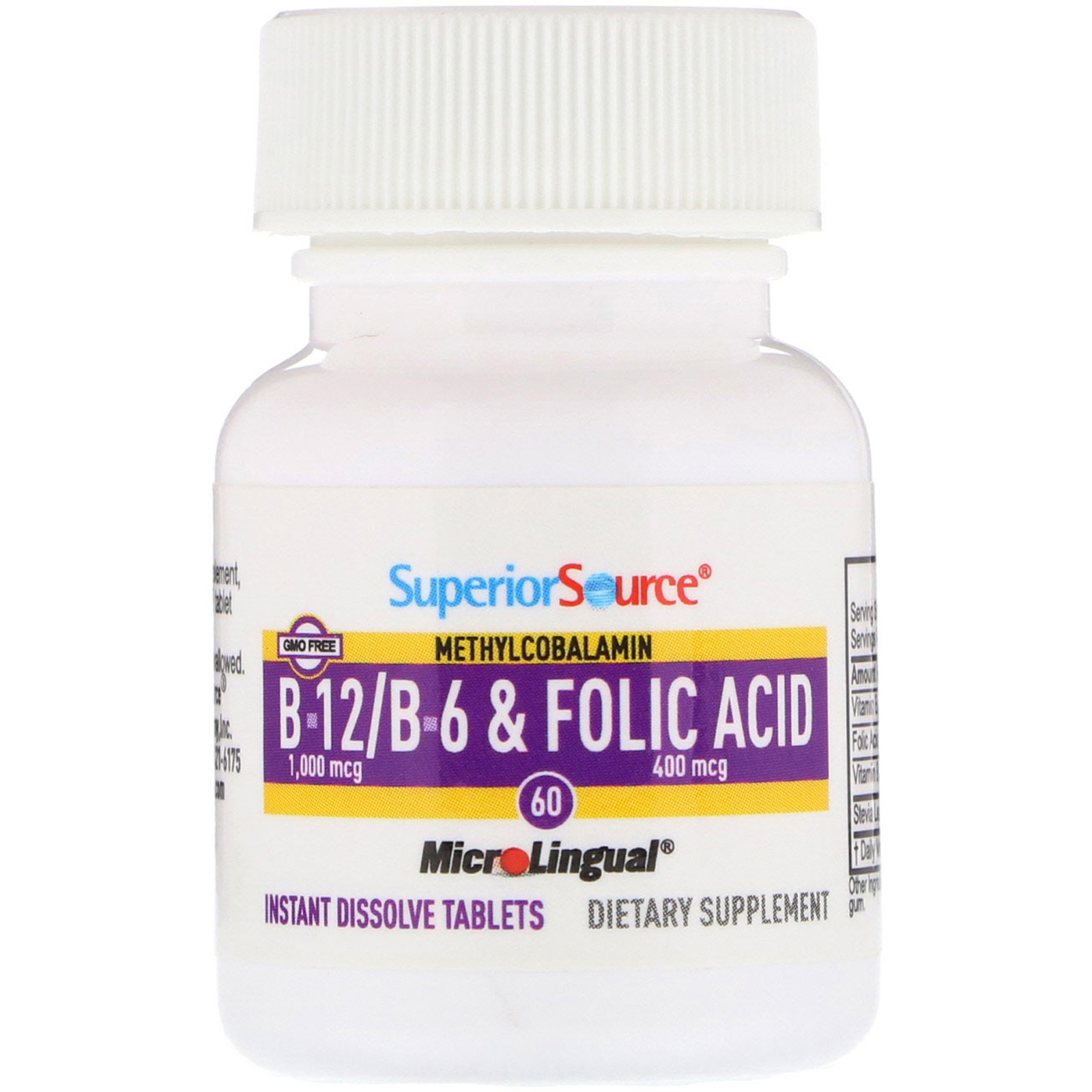 Superior Source, Methylcobalamin B-12, B-6 & Folic Acid, 1,000 mg/400 mg, 60 Tablets - Imagem 3