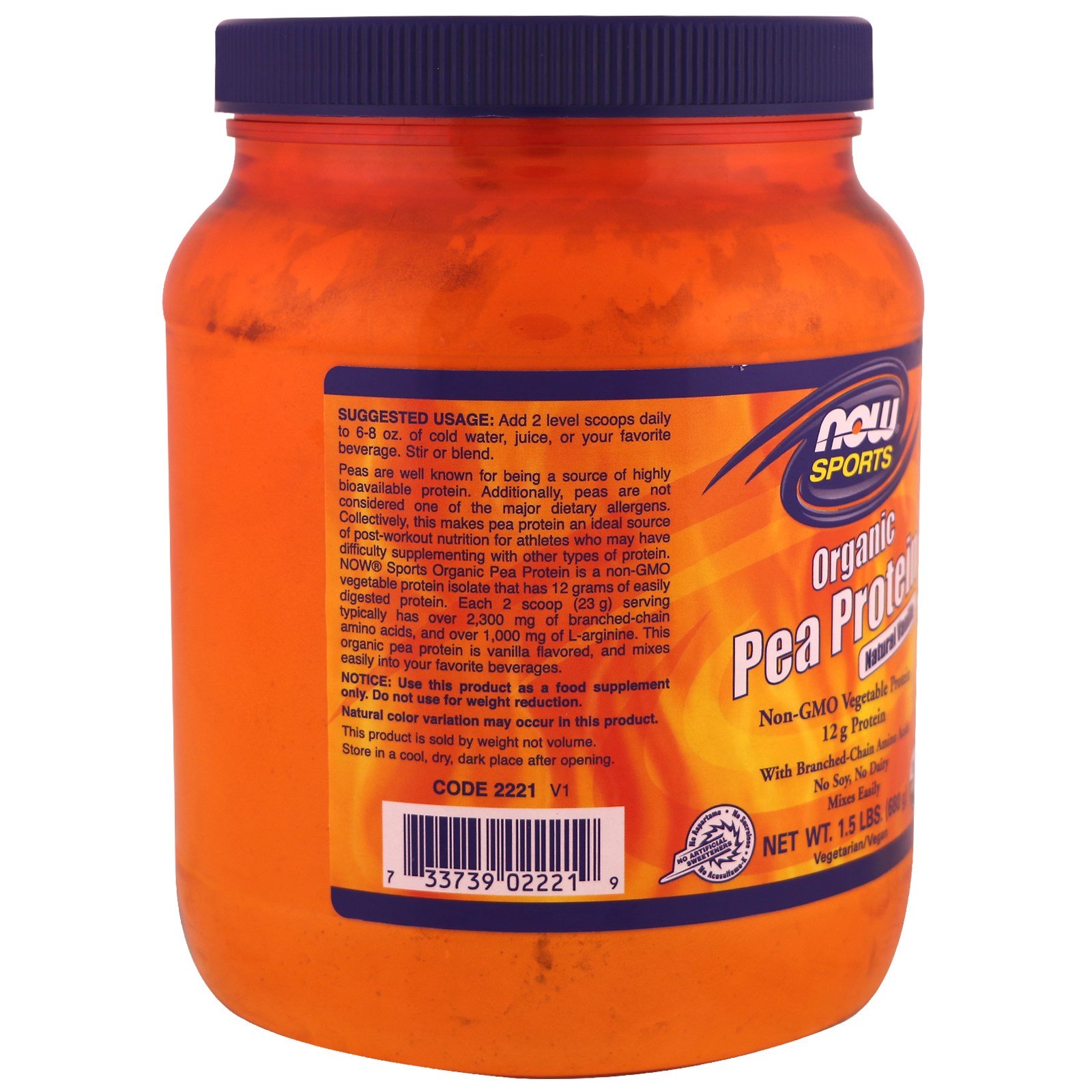 Now Foods, Sports, Proteína de Ervilha Orgânica, Sabor Natural de Baunilha, 680 g (1,5 lb) - Imagem 3