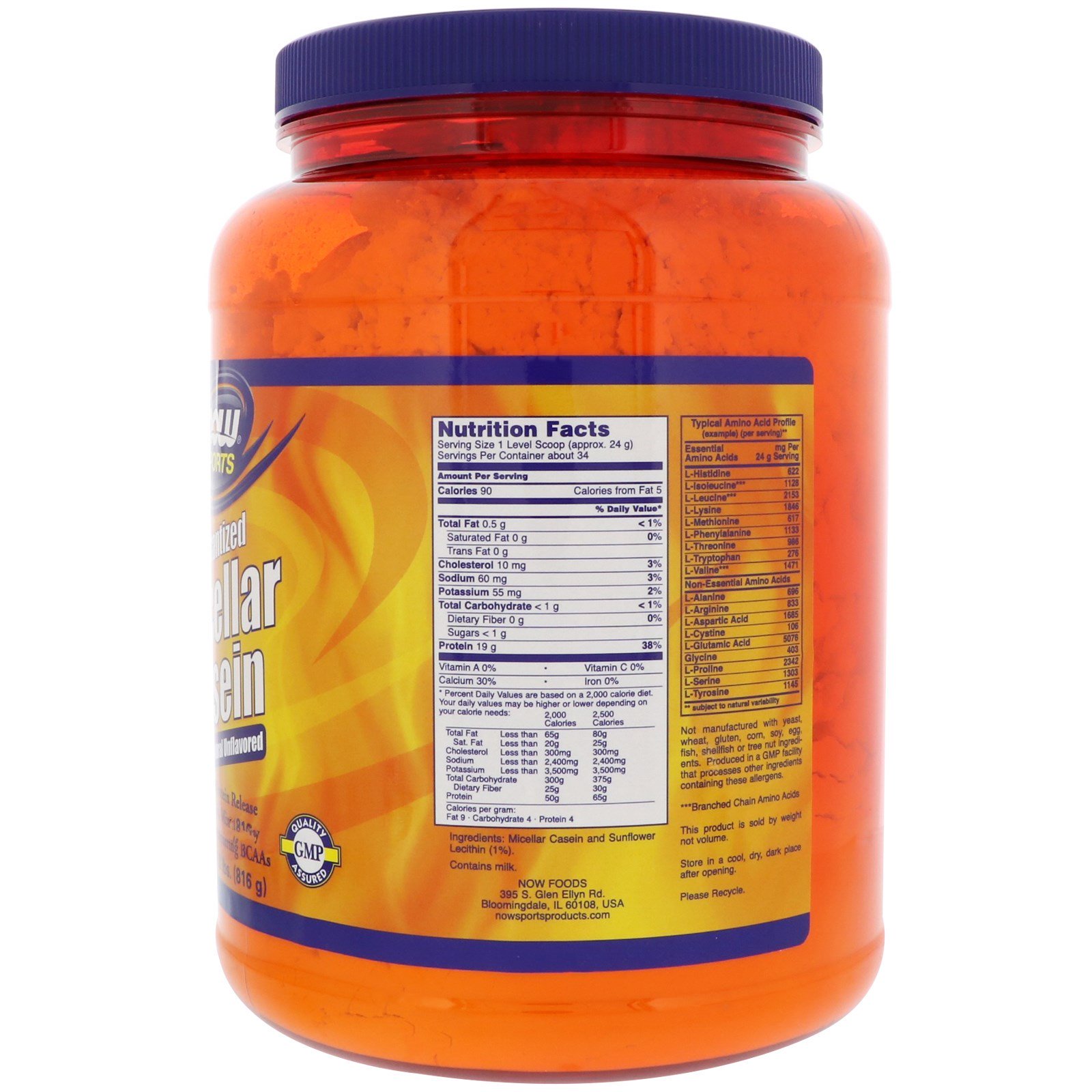 Now Foods, Sports, Caseína Micelar, Instantânea, Sem Sabor Natural, 816 g (1,8 lbs) - Imagem 2