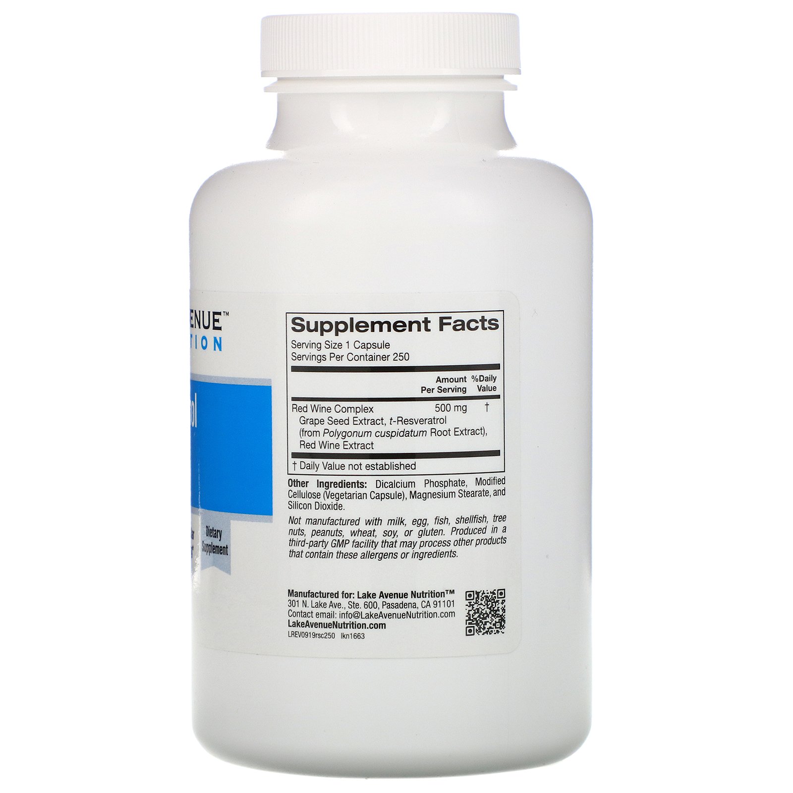 Lake Avenue Nutrition, Complexo de Resveratrol, 500 mg, 250 Cápsulas - Imagem 2
