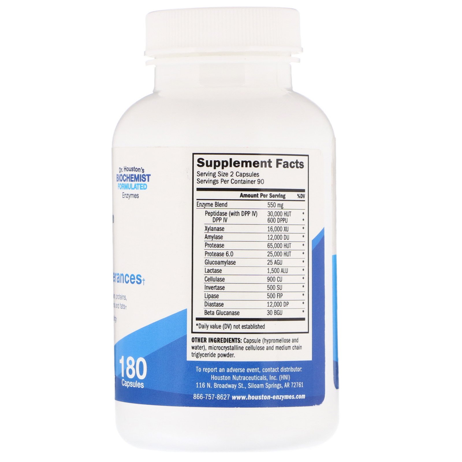 Houston Enzymes, TriEnza, enzima para intolerâncias digestivas, 180 Cápsulas - Imagem 2
