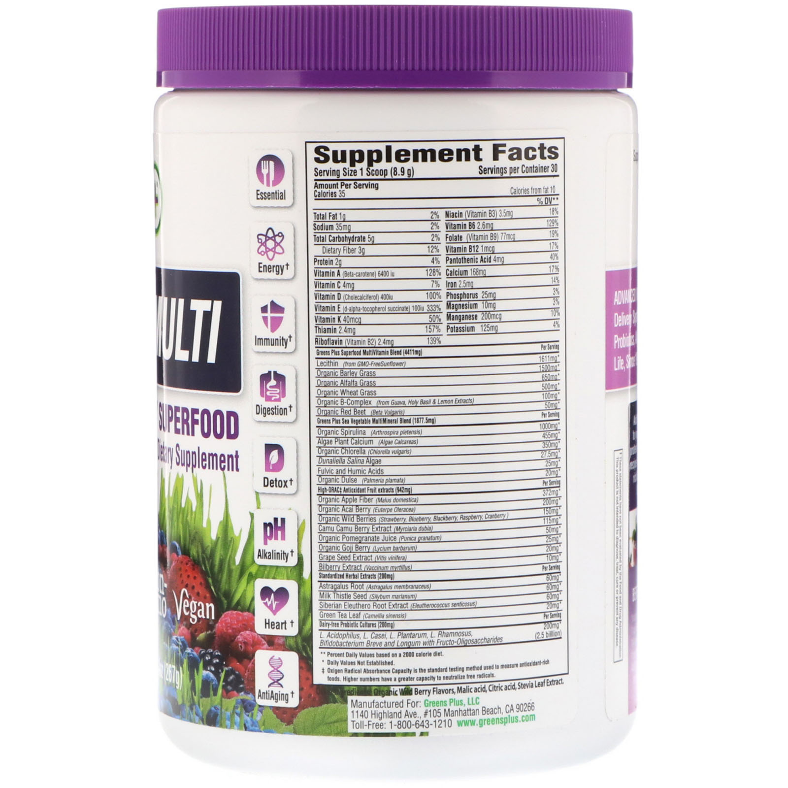 Greens Plus, Superalimento de Frutas Silvestres Multi Avançado, 267 g (9,4 oz) de Pó Verde - Imagem 2