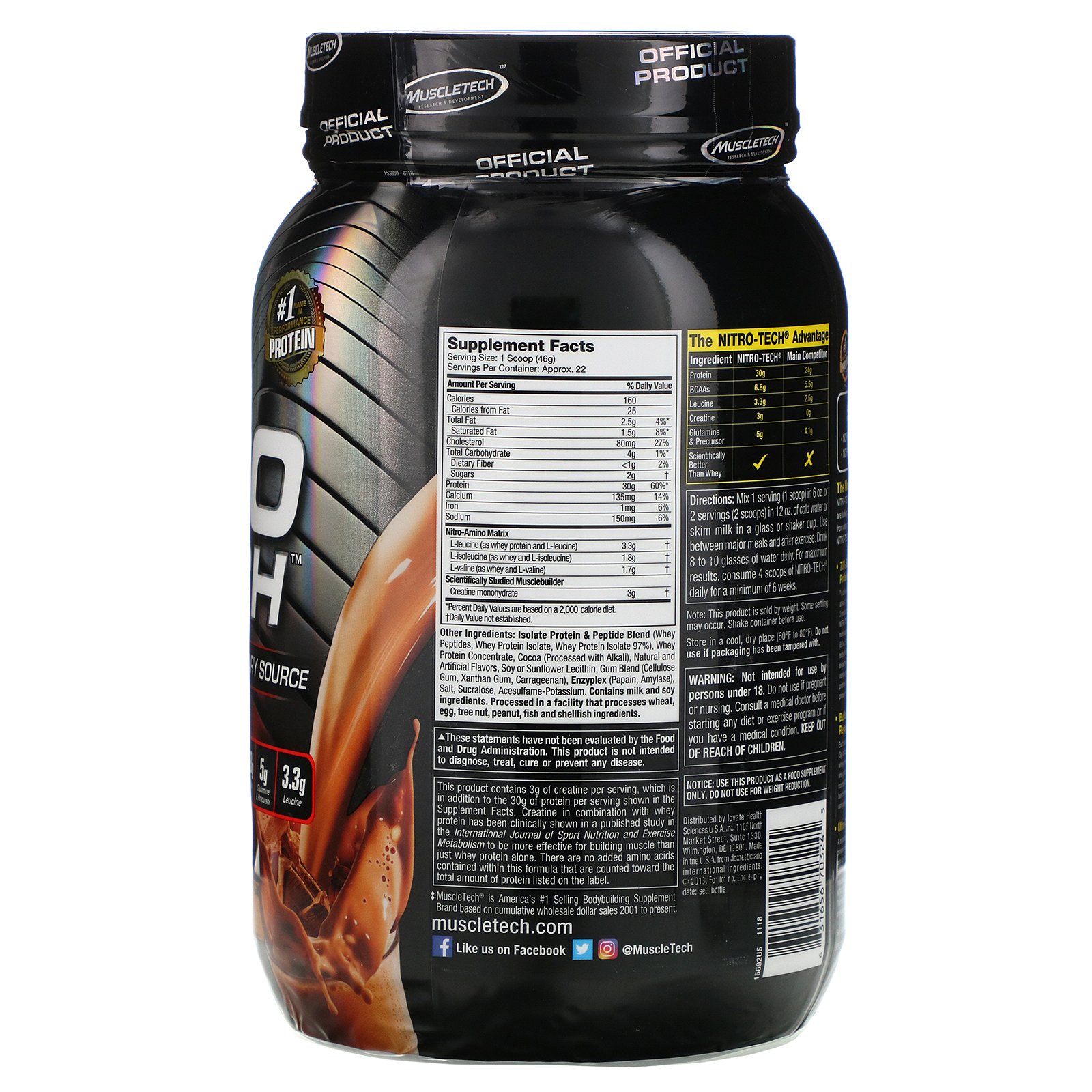 Muscletech, Nitro Tech, whey isolado + desenvolvedor de músculo magro, achocolatado, 2 lbs (907 g) - Imagem 2