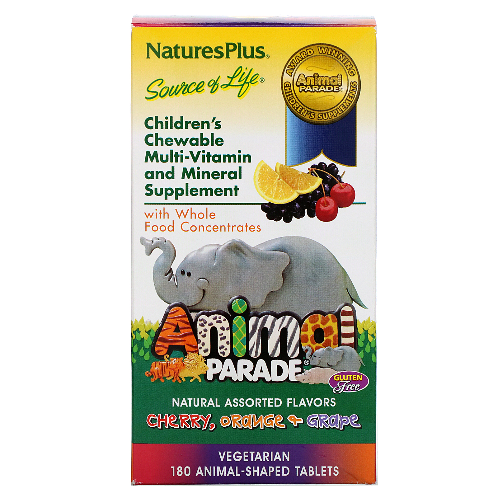 Nature's Plus, Animal Parade, Children's Chewable Multi-Vitamin and Mineral, Natural Assorted Flavors, 180 Animal-Shaped Tablets