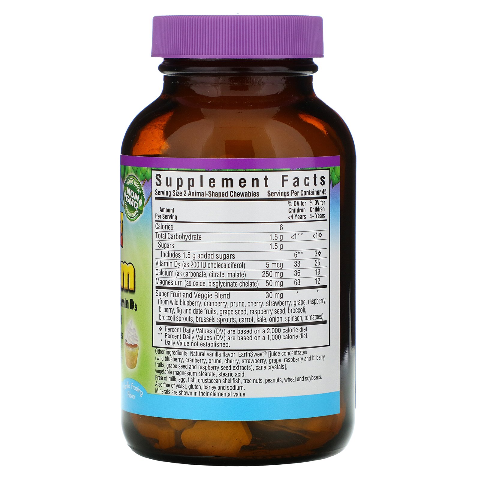 Bluebonnet Nutrition, Rainforest Animalz, Calcium Magnesium & Vitamin D3, Natural Vanilla Frosting Flavor, 90 Animal-Shaped Chewables - Imagem 2