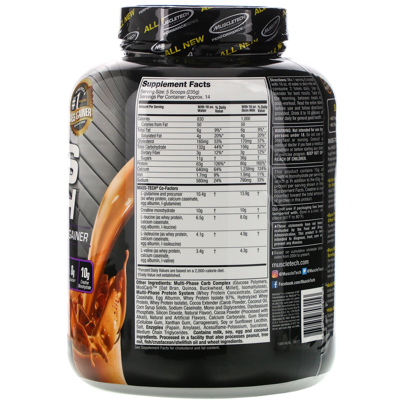 Muscletech, Mass-Tech, Pó de proteína para ganho de massa cientificamente superior, chocolate ao leite, 7,00 lb (3,18 kg) - Imagem 2