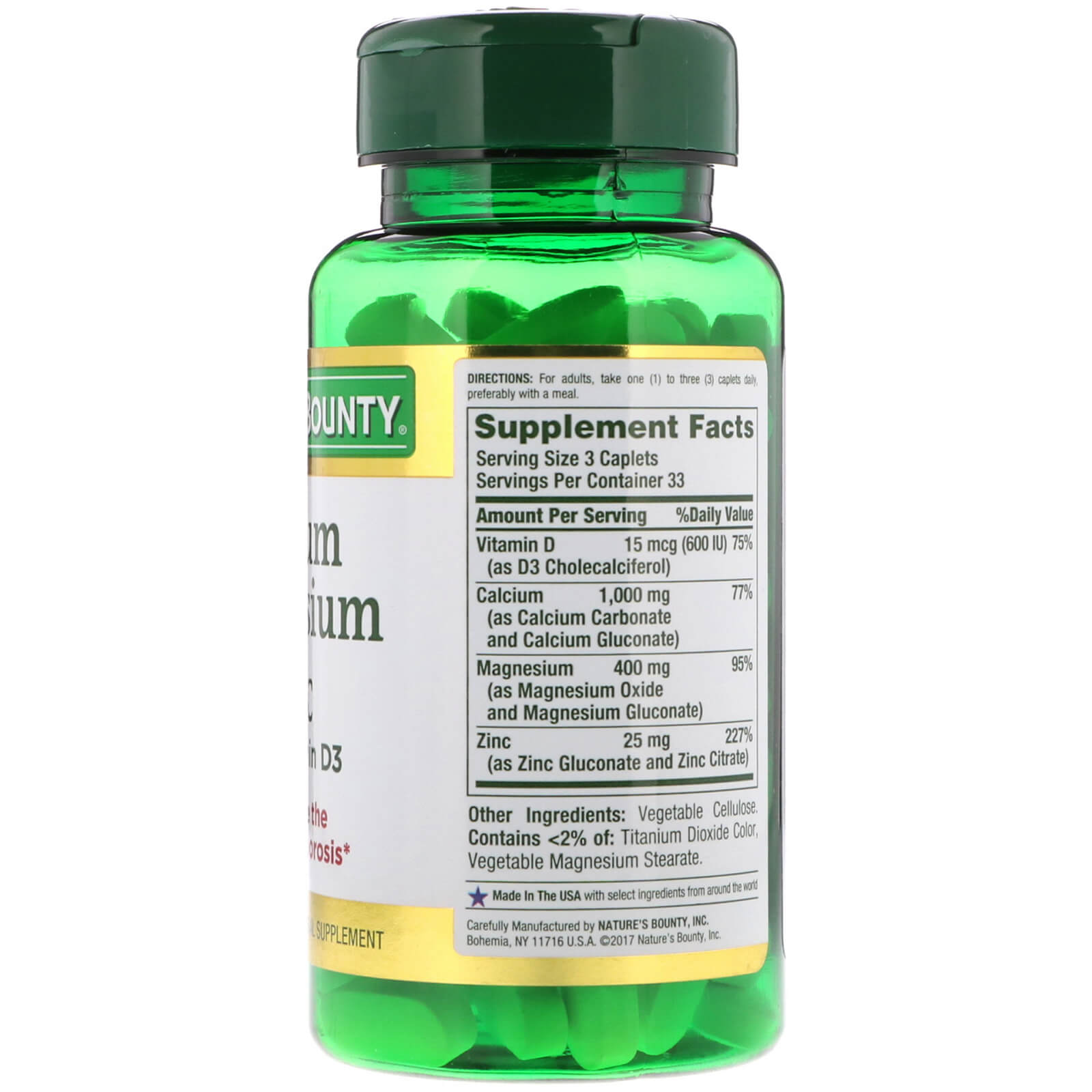 Nature's Bounty, Zinco de Cálcio e Magnésio com Vitamina D3, 100 Cápsulas Revestidas - Imagem 2
