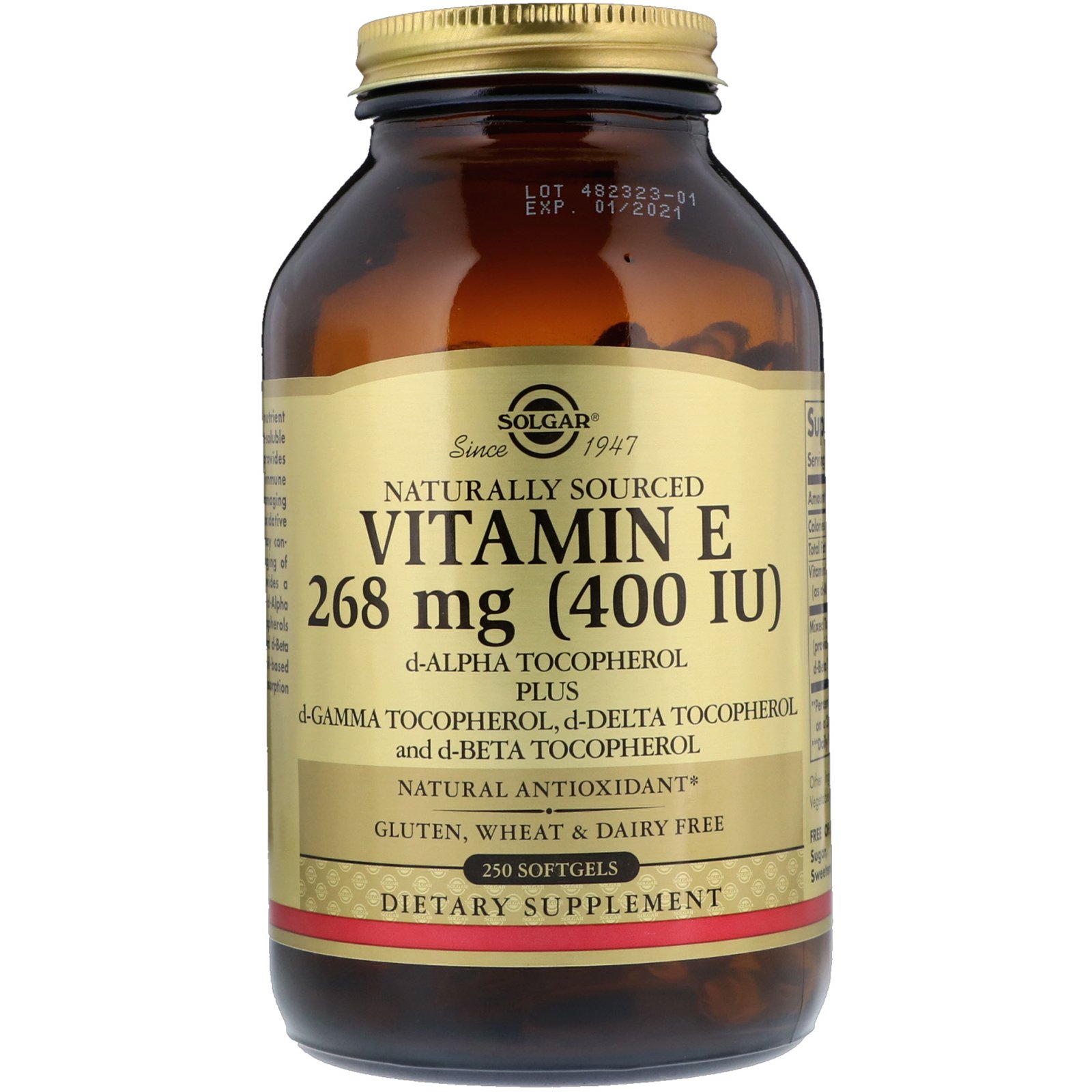 Solgar, Vitamina E de Origem Natural, 268 mg (400 UI), 250 Cápsulas Softgel