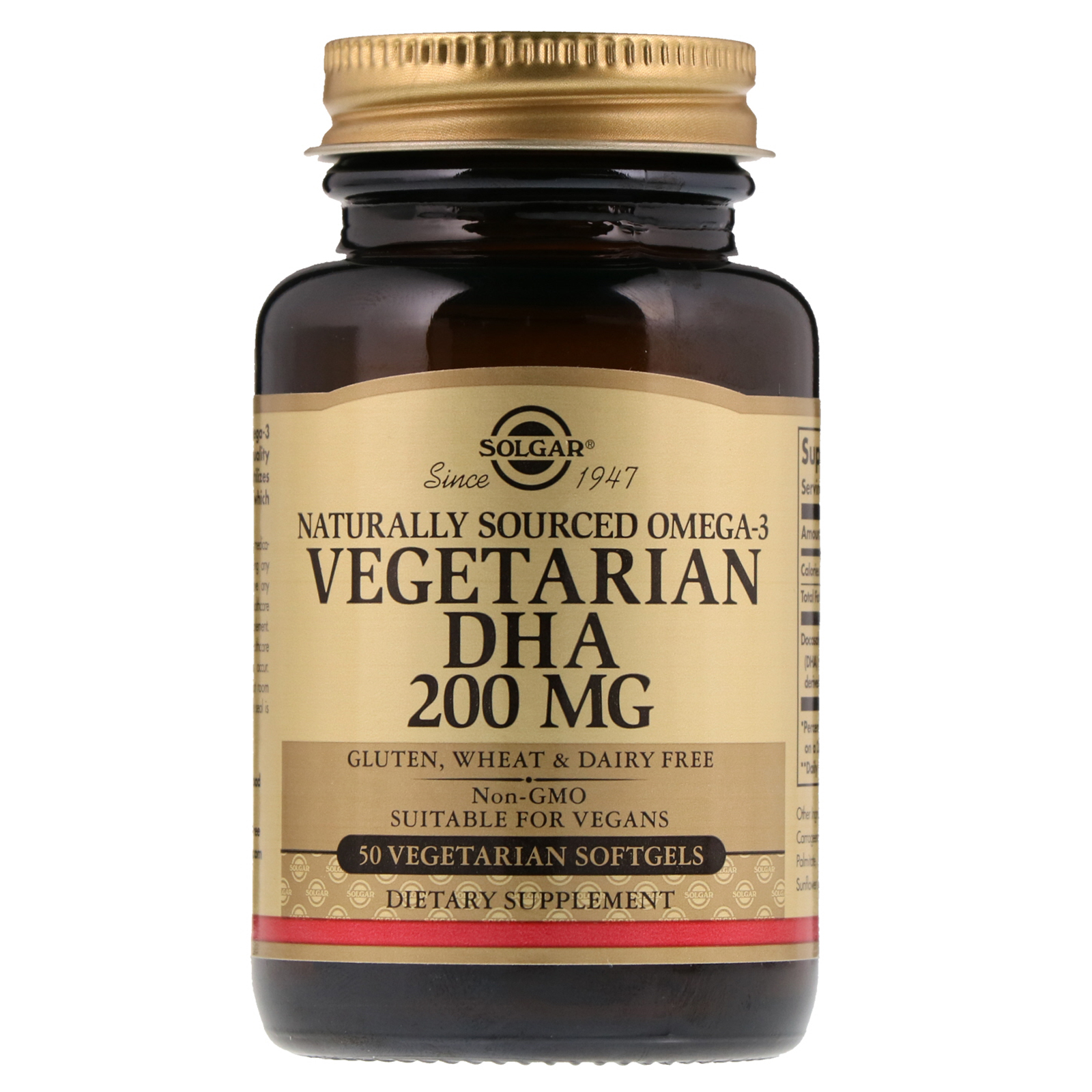 Solgar, Ômega 3 de Fonte Natural, DHA Vegetariano, 200 mg, 50 Cápsulas Gelatinosas Vegetarianas