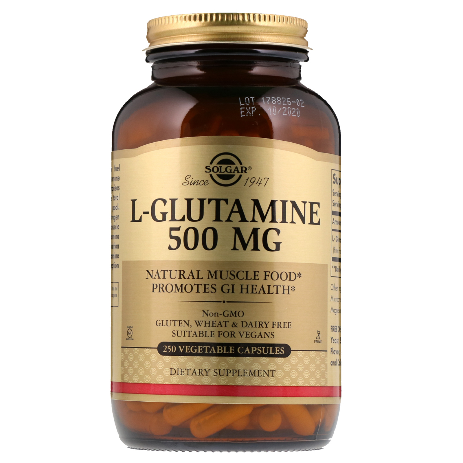 Solgar, L-Glutamina, 500 mg, 250 Cápsulas Vegetais
