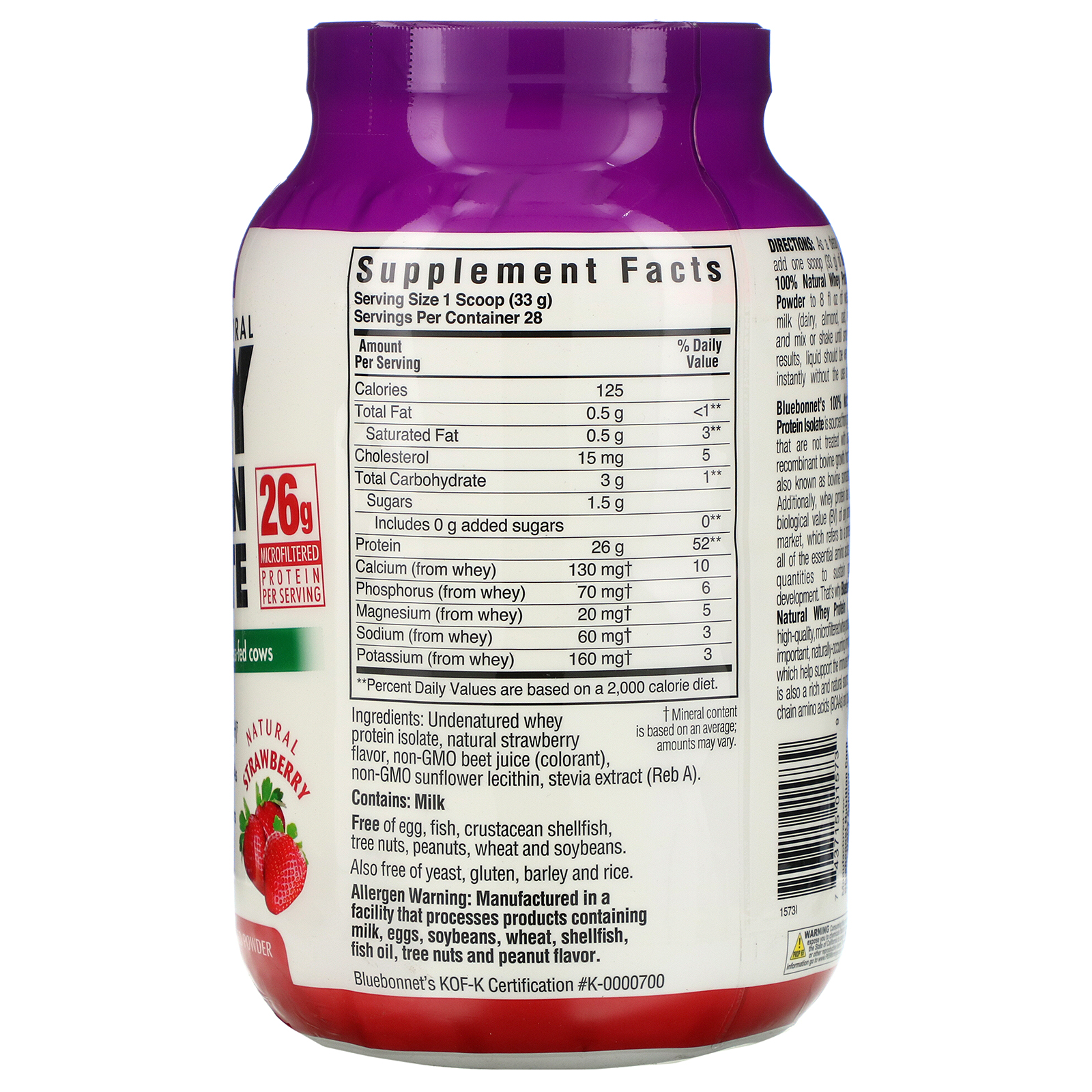 Bluebonnet Nutrition, 100% Natural, Whey Protein Isolate, Natural Strawberry Flavor, 2 lb (924 g) - Imagem 2