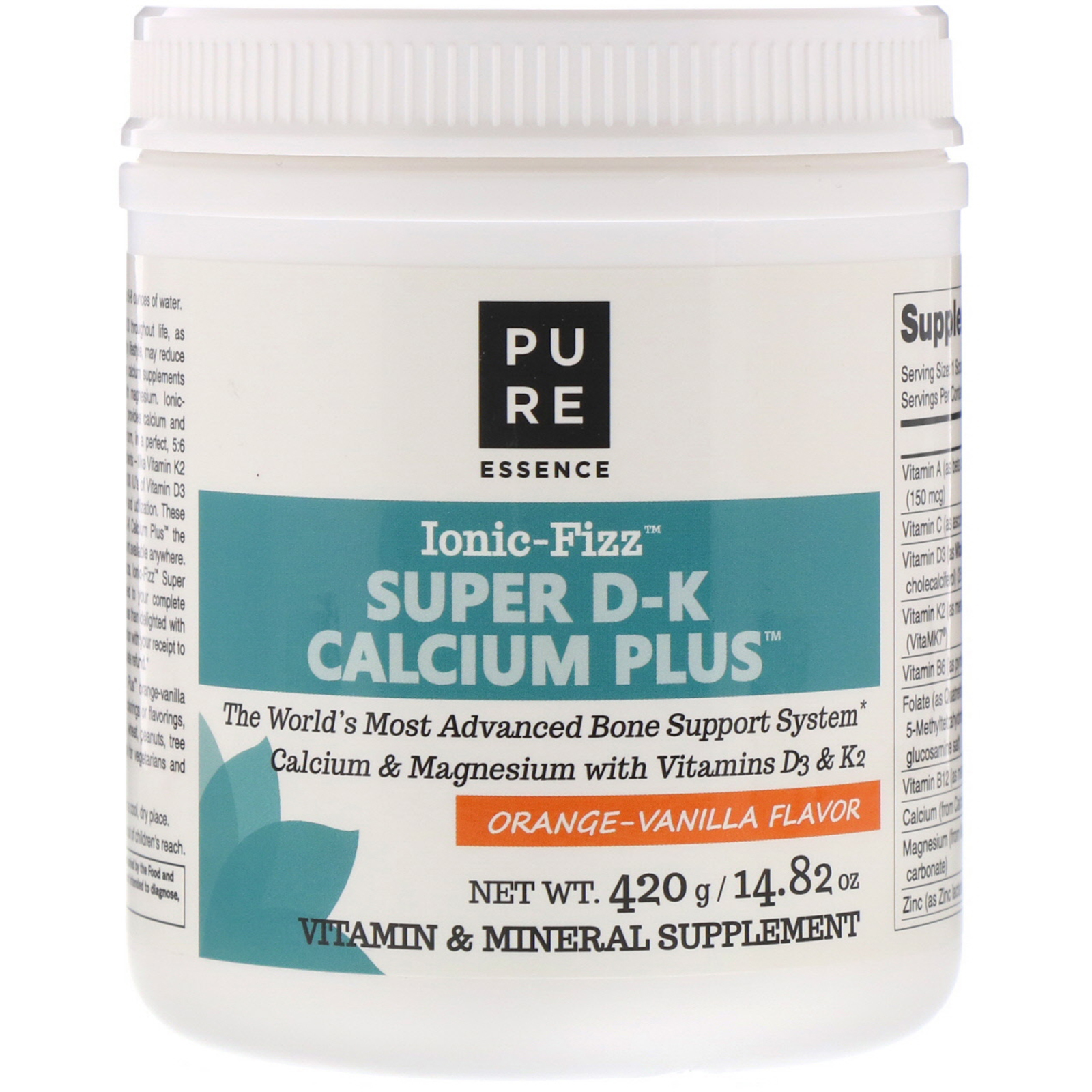 Pure Essence, Ionic-Fizz Super D-K Calcium Plus, Laranja e Baunilha, 14,82 oz (420 g)