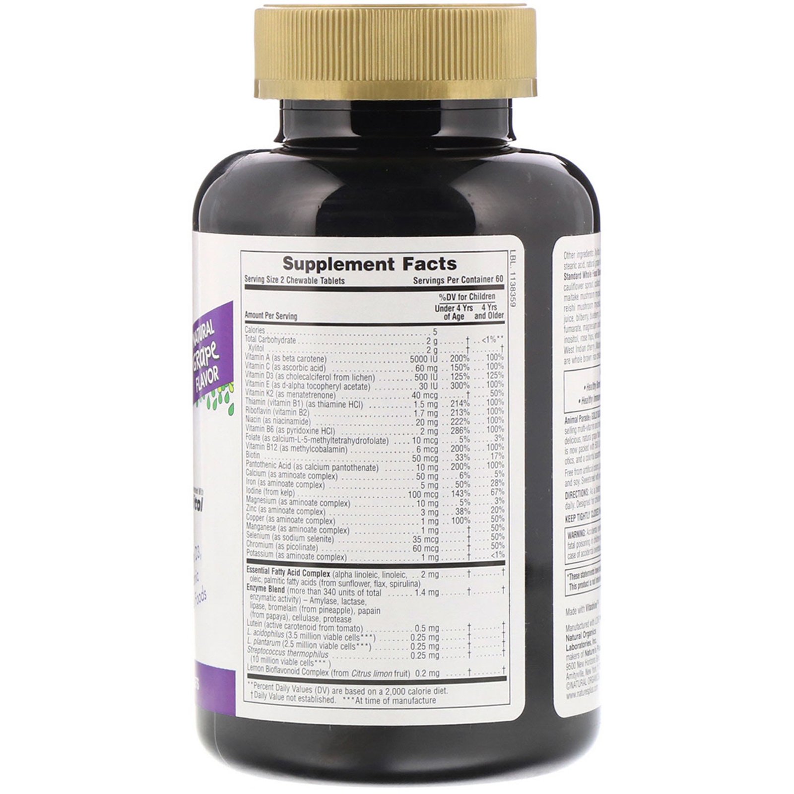 Nature's Plus, Source of Life, Animal Parade Gold, Children's Chewable Multi-Vitamin & Mineral Supplement, Natural Grape Flavor, 120 Animal-Shaped Tablets - Imagem 2
