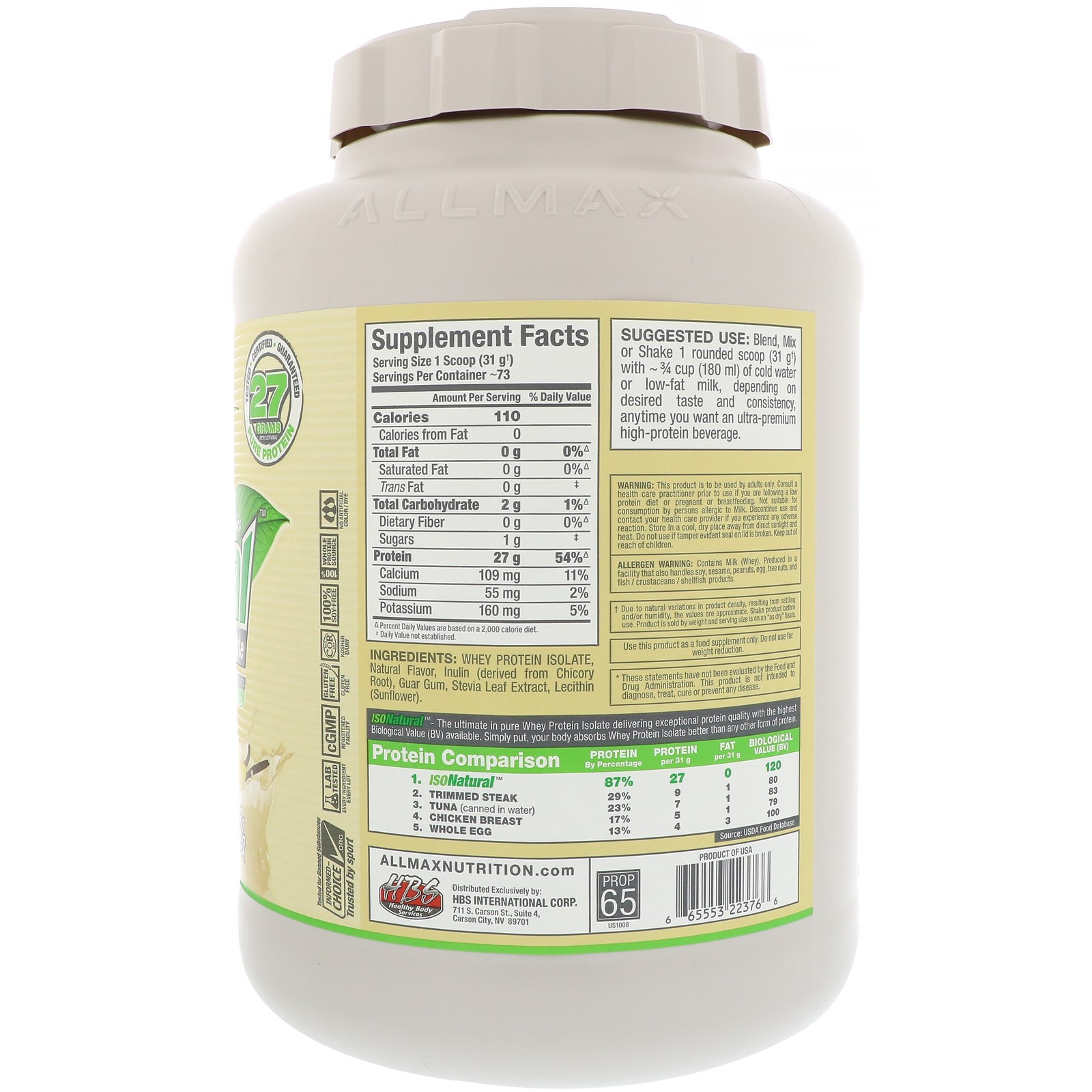 ALLMAX Nutrition, IsoNatural, Isolado de Proteína Whey Natural 100% Ultrapuro (WPI90), Baunilha, 2,27 kg - Imagem 2
