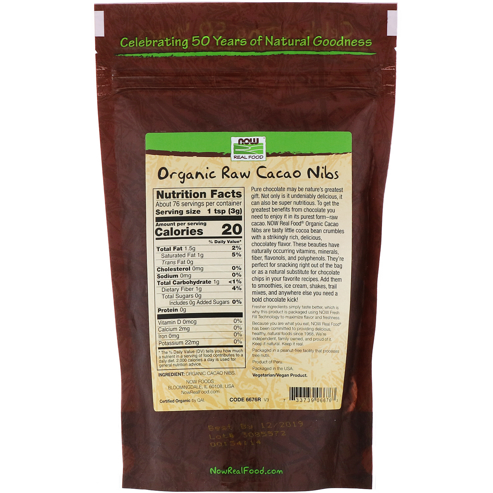 Now Foods, Orgânico, Pedaços de Cacau Cru, 227 g (8 oz) - Imagem 2