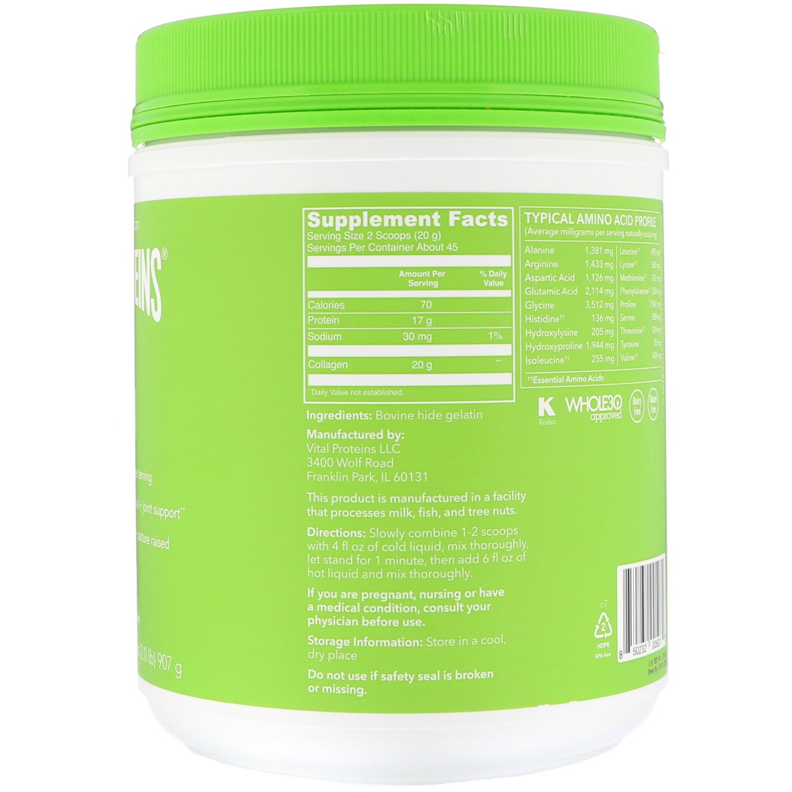 Vital Proteins, Gelatina de Carne, Sem Sabor, 907 g (2 lbs) - Imagem 2