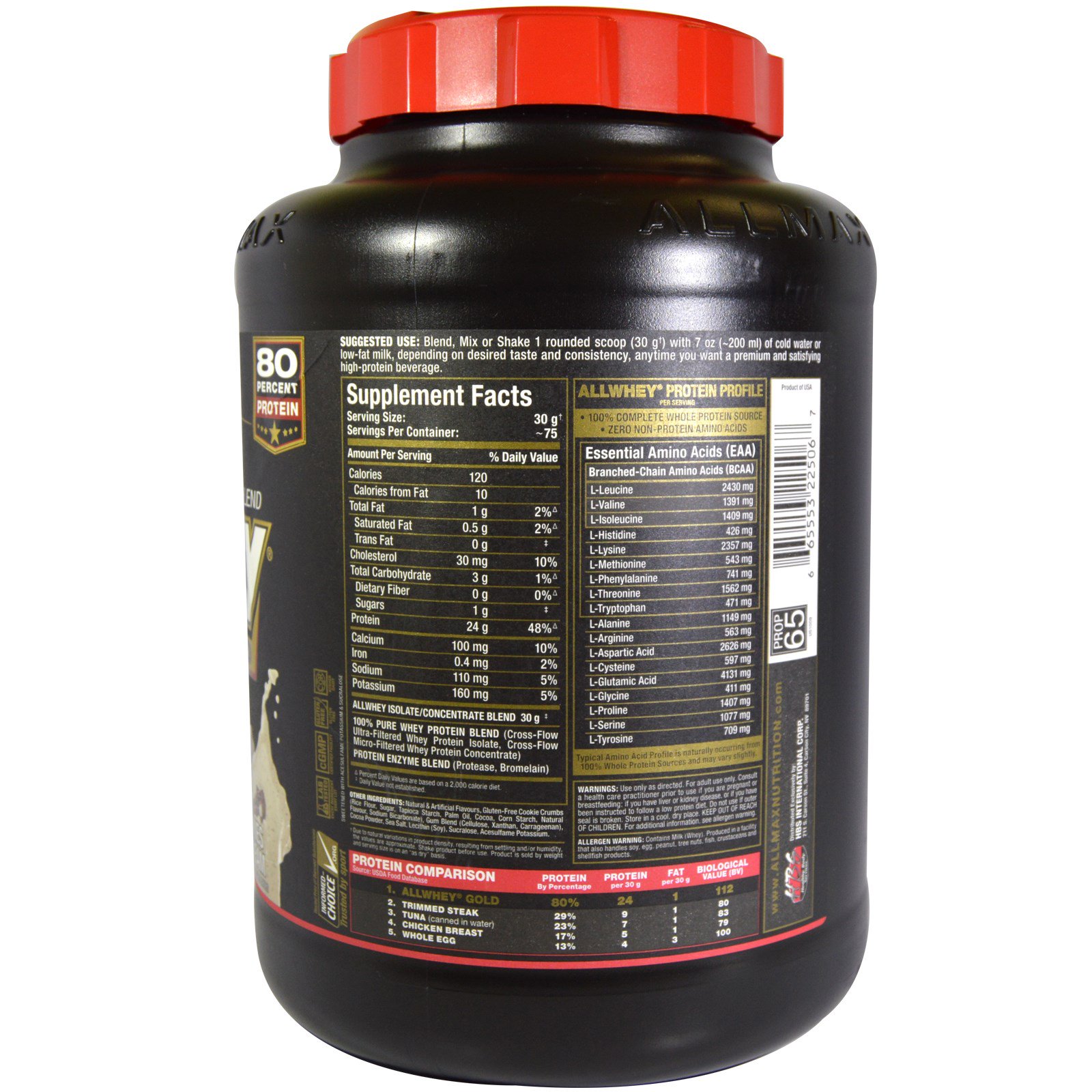 ALLMAX Nutrition, AllWhey Gold, 100% Whey Protein + Whey Protein Isolado Premium, Sabor Biscoitos e Creme, 2,27 kg (5 lbs) - Imagem 2