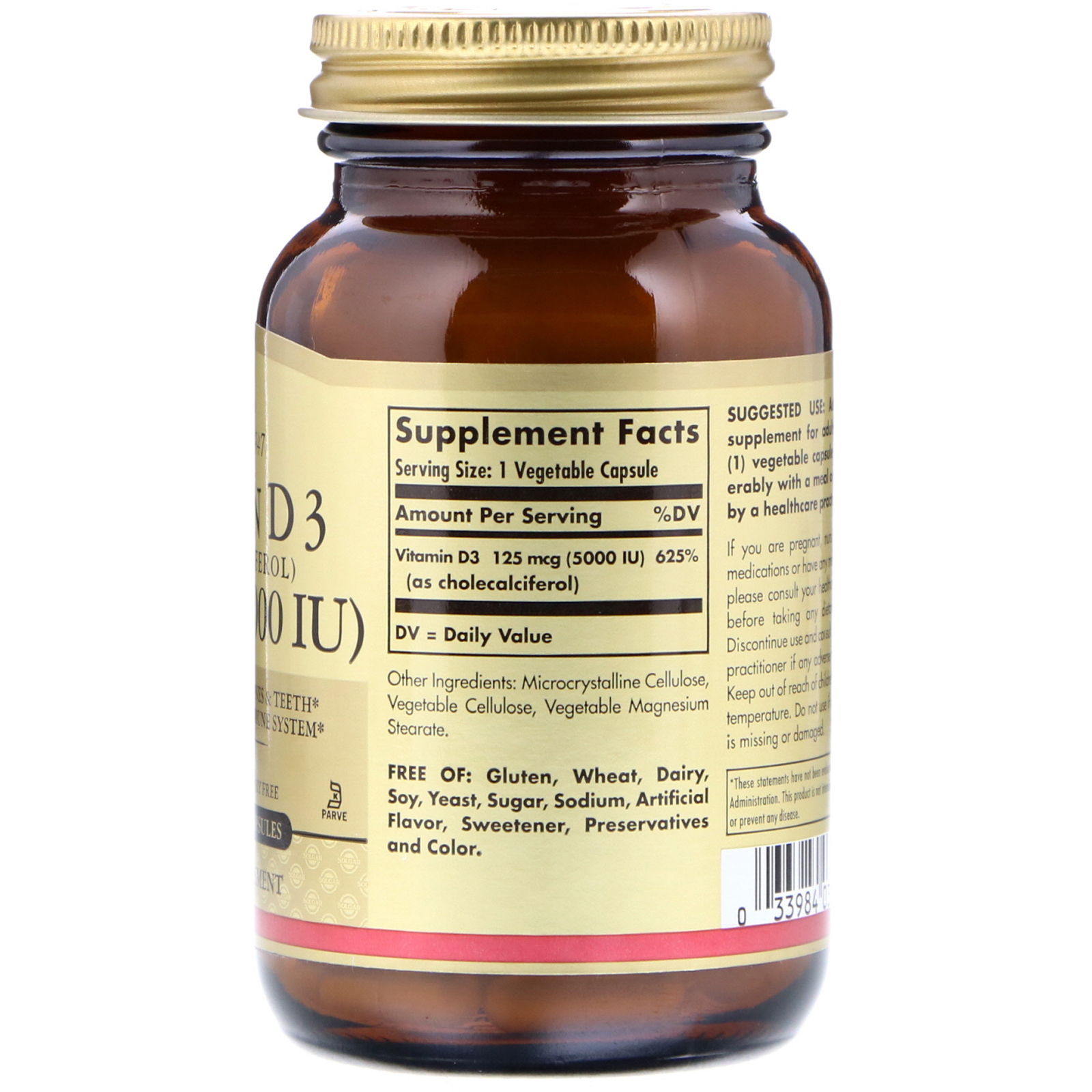 Solgar, Vitamina D3 (Colecalciferol), 125 mcg (5000 UI), 120 Cápsulas Vegetais - Imagem 2
