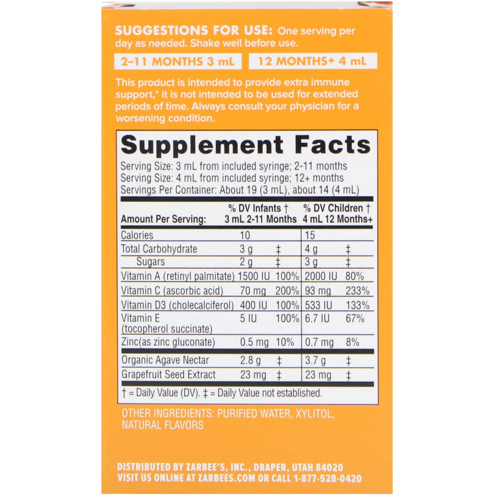 Zarbee's, Suporte Imunológico e Vitaminas para Bebês, Sabor Natural de Laranja, 59 ml (2 fl oz) - Imagem 2