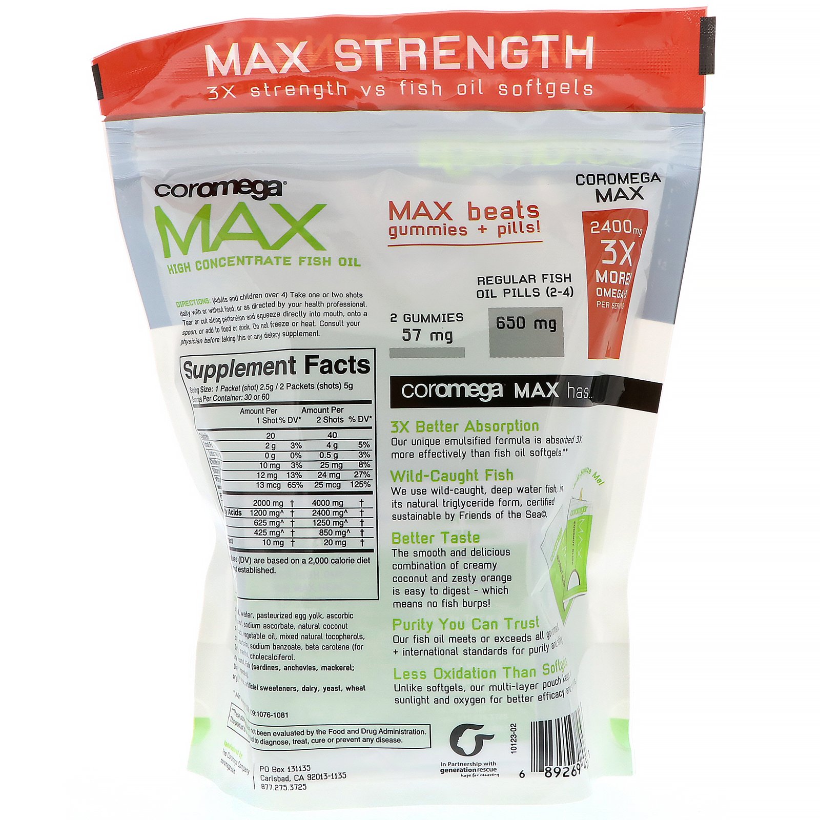 Coromega, Max, High Concentrate Omega-3 Fish Oil, Coconut Bliss, 60 Squeeze Shots, 2.5 g Each - Imagem 2