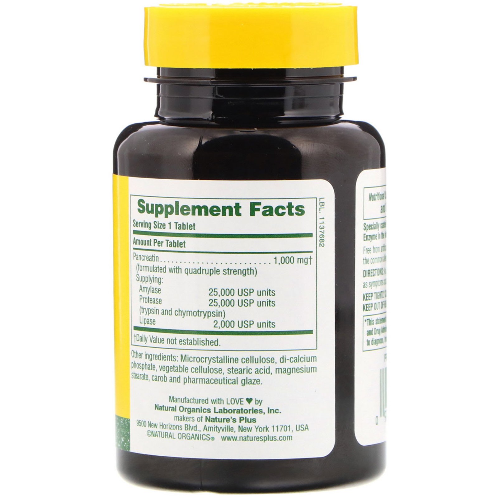 Nature's Plus, Pancreatina, 1000 mg, 60 comprimidos - Imagem 2